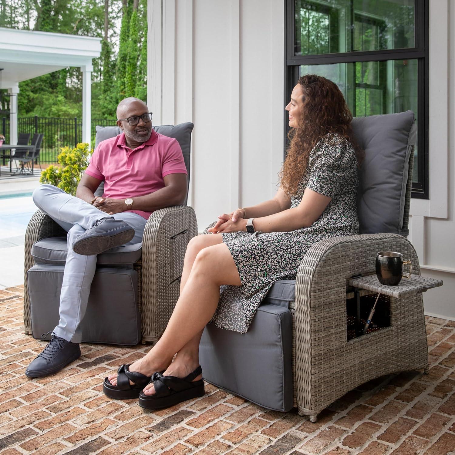 imageFlash Furniture Nemo IndoorOutdoor Patio Wicker Rattan Recliner Lounge Chair with FlipUp Side Table BeigeBrownGray CushionsGray Frame