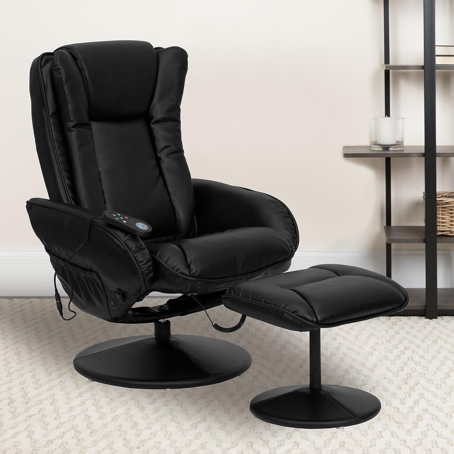 imageFlash Furniture Poppy Massaging MultiPosition Plush Recliner with Side Pocket and Ottoman in Black LeatherSoftBlack