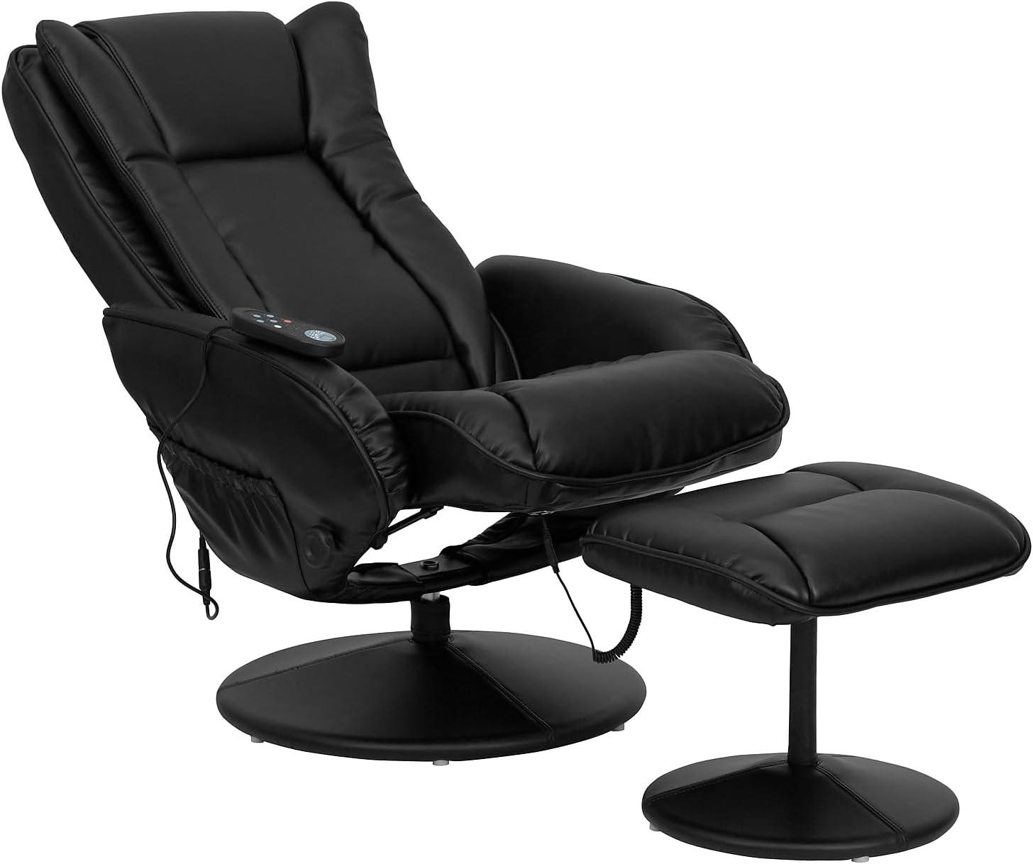 imageFlash Furniture Poppy Massaging MultiPosition Plush Recliner with Side Pocket and Ottoman in Black LeatherSoftBlack