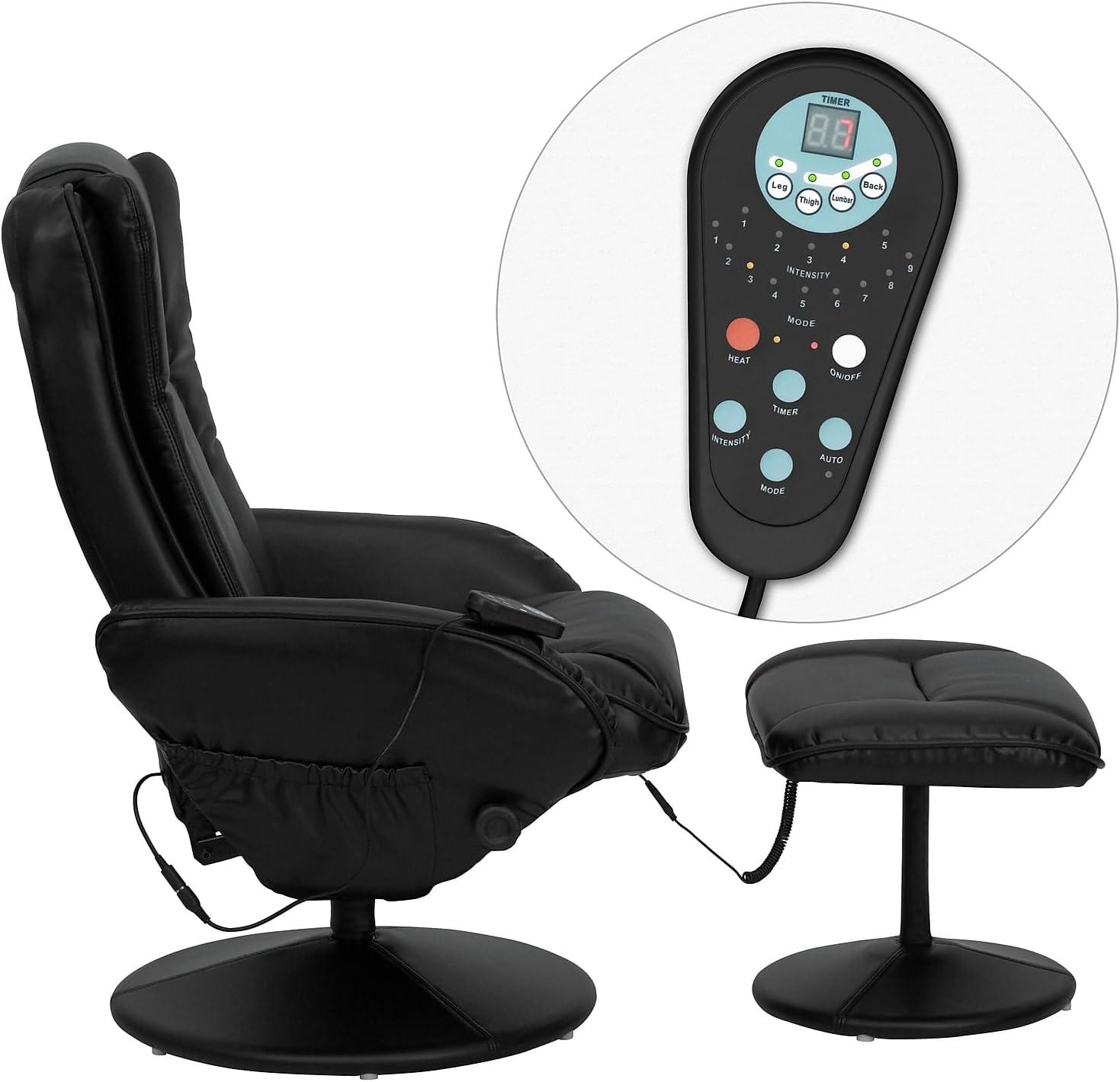 imageFlash Furniture Poppy Massaging MultiPosition Plush Recliner with Side Pocket and Ottoman in Black LeatherSoftBlack