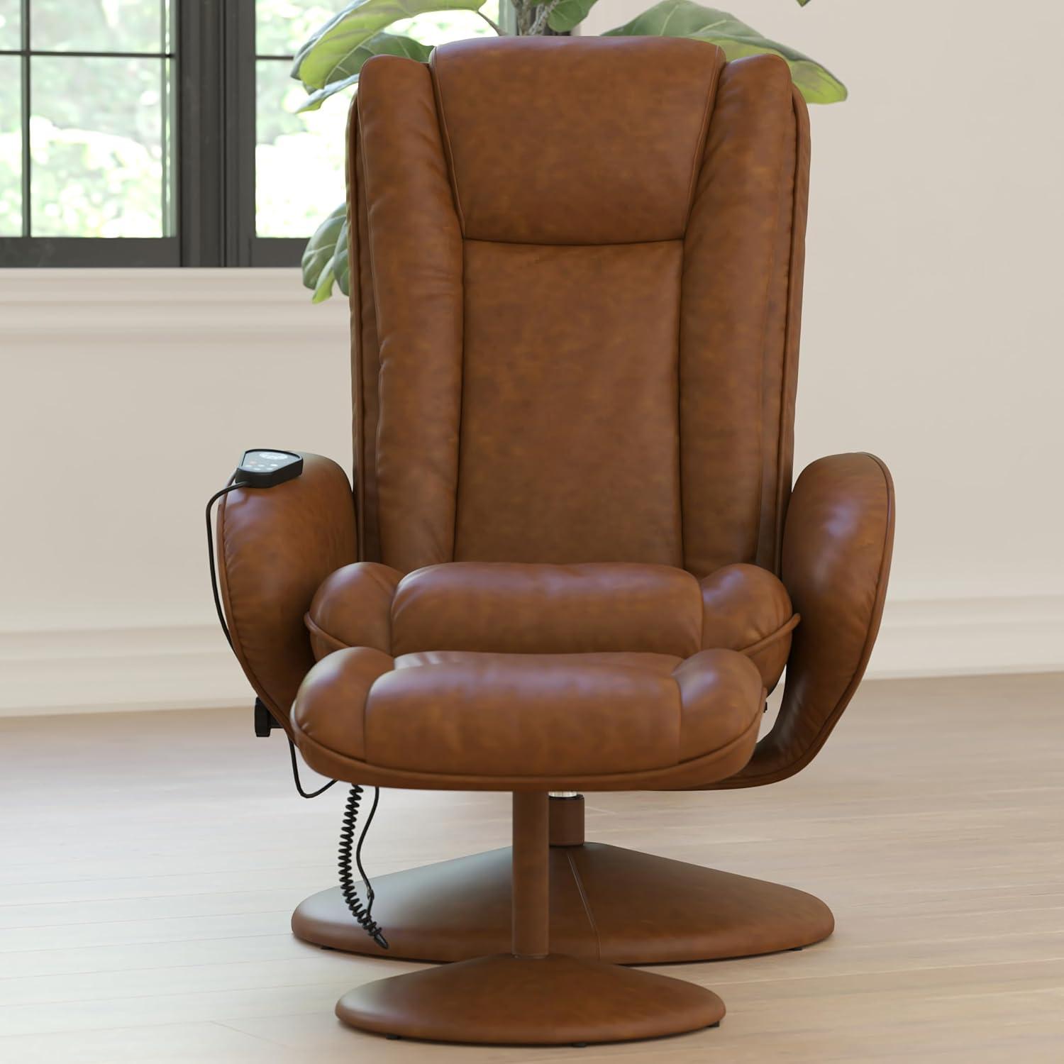 imageFlash Furniture Poppy Massaging MultiPosition Plush Recliner with Side Pocket and Ottoman in Black LeatherSoftBrown