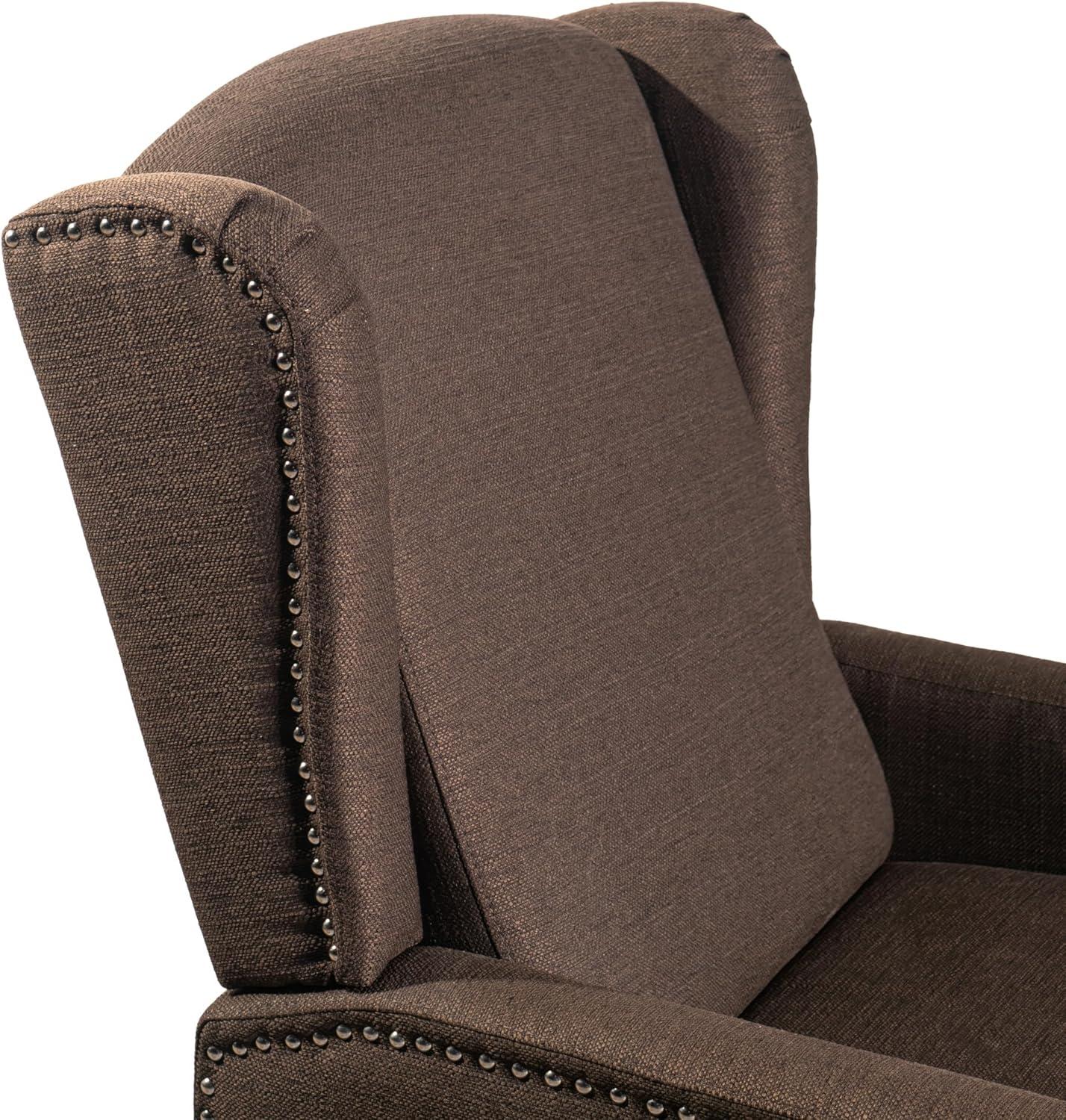 imageFlash Furniture Prescott Slim Wingback Recliner Chair Traditional Push Back Recliner Brown Polyester Fabric with Accent Nail Trim Pocket Spring SeatBrown
