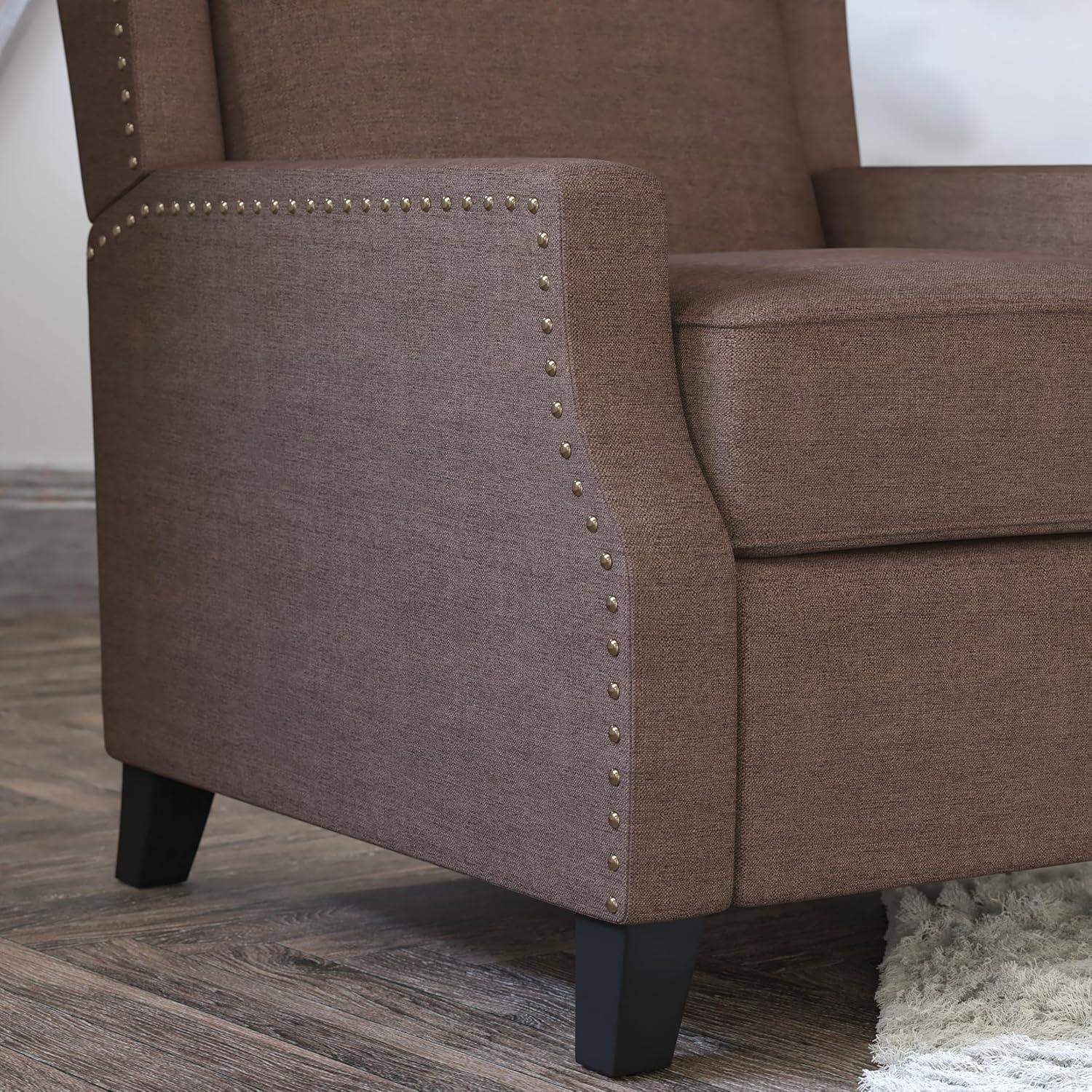 imageFlash Furniture Prescott Slim Wingback Recliner Chair Traditional Push Back Recliner Brown Polyester Fabric with Accent Nail Trim Pocket Spring SeatBrown
