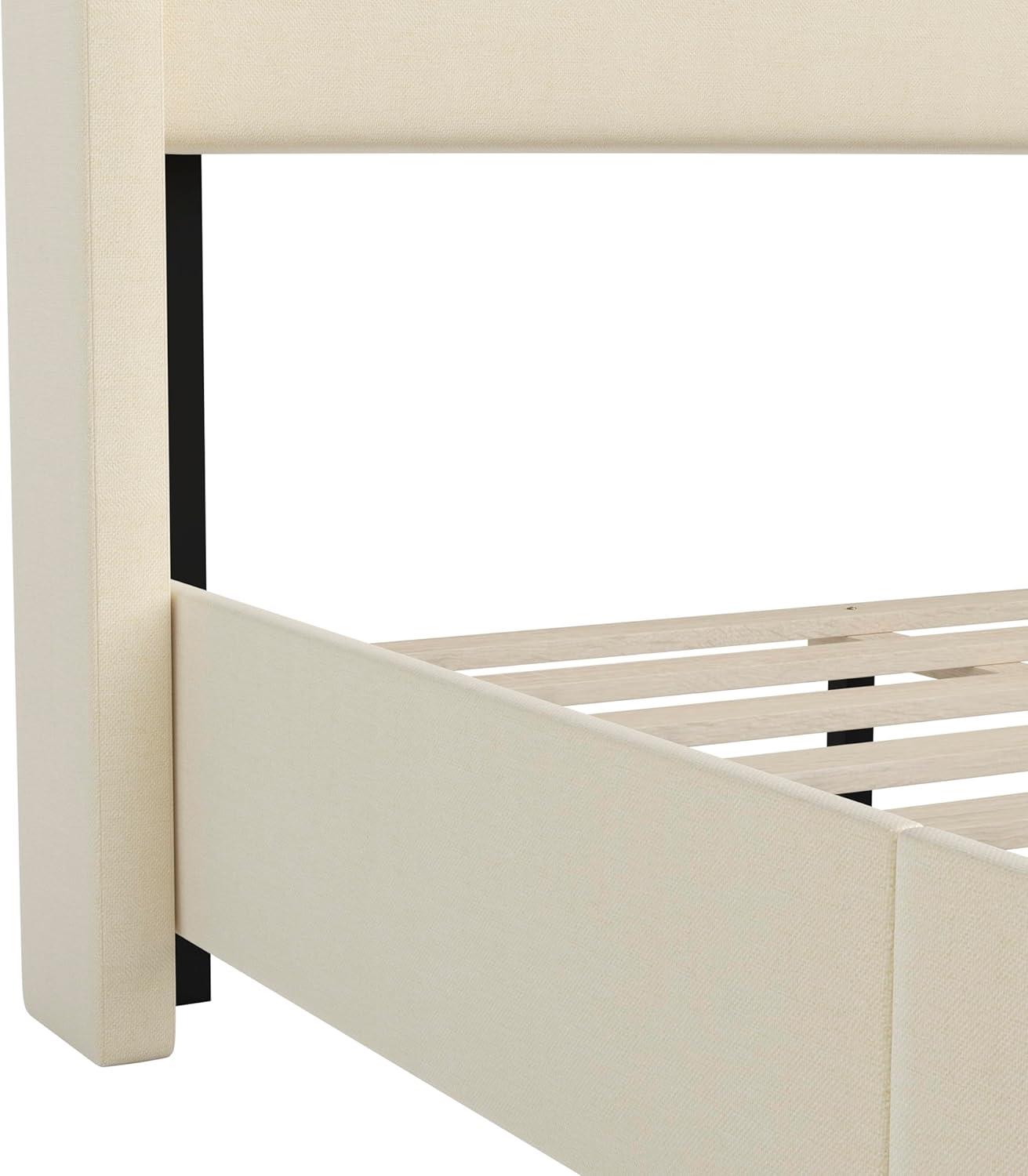 imageFlash Furniture Quinn Upholstered Platform Bed Beige Channel Stitched Wingback Headboard King Mattress Foundation with Slatted Supports No Box Spring NeededBeige