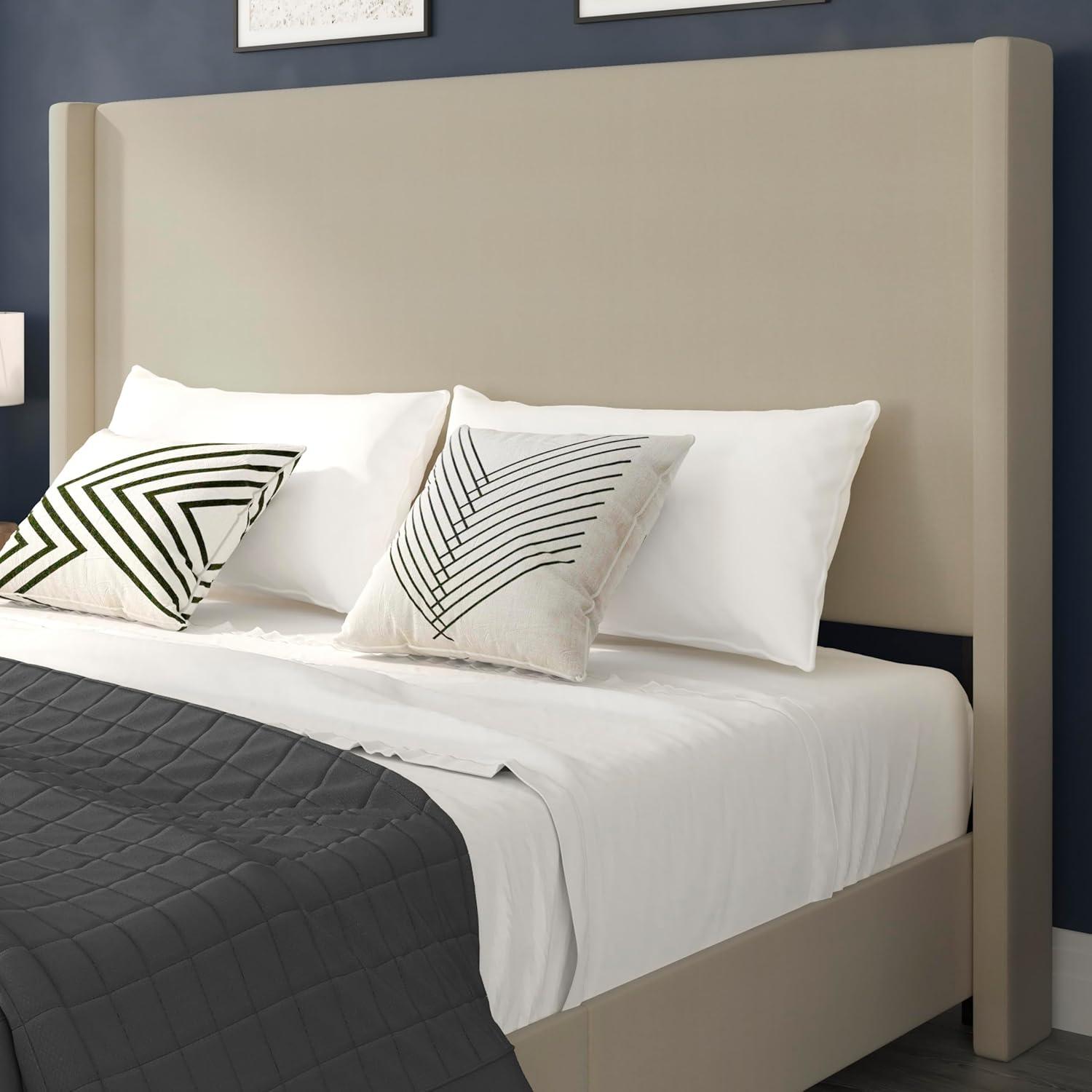 imageFlash Furniture Quinn Upholstered Platform Bed Beige Channel Stitched Wingback Headboard King Mattress Foundation with Slatted Supports No Box Spring NeededBeige
