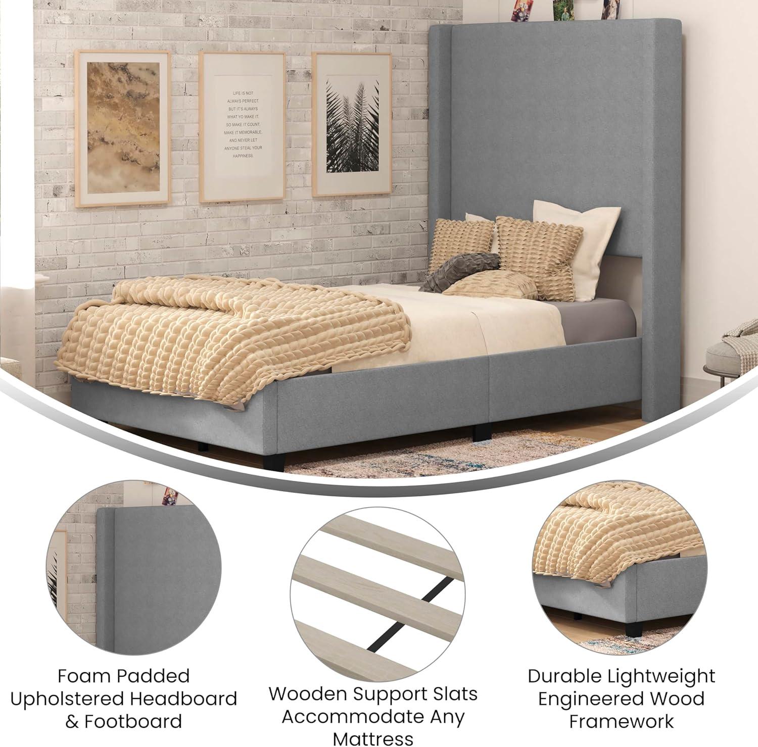 imageFlash Furniture Quinn Upholstered Platform Bed Beige Channel Stitched Wingback Headboard King Mattress Foundation with Slatted Supports No Box Spring NeededGrey