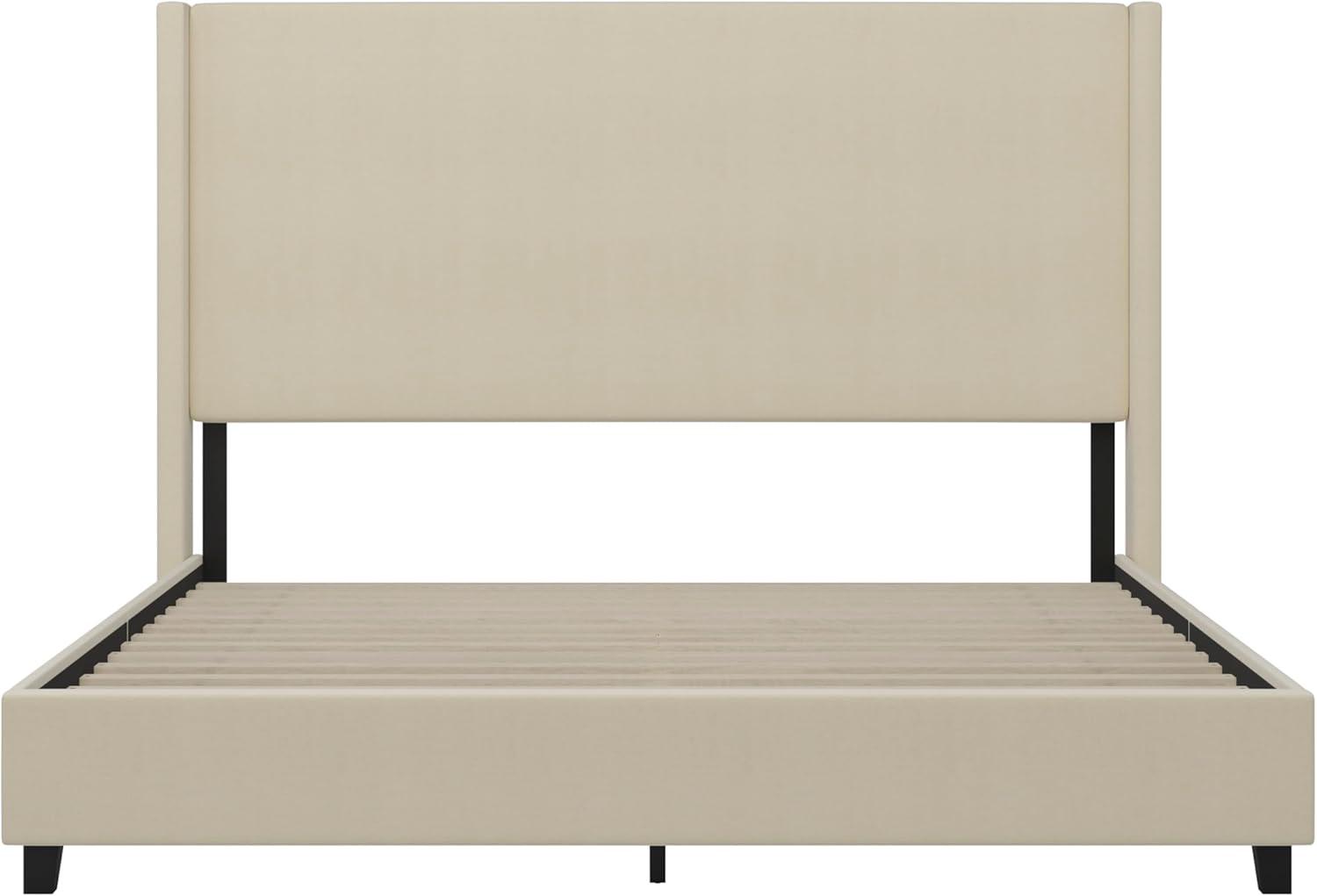 imageFlash Furniture Quinn Upholstered Platform Bed Beige Channel Stitched Wingback Headboard King Mattress Foundation with Slatted Supports No Box Spring NeededBeige