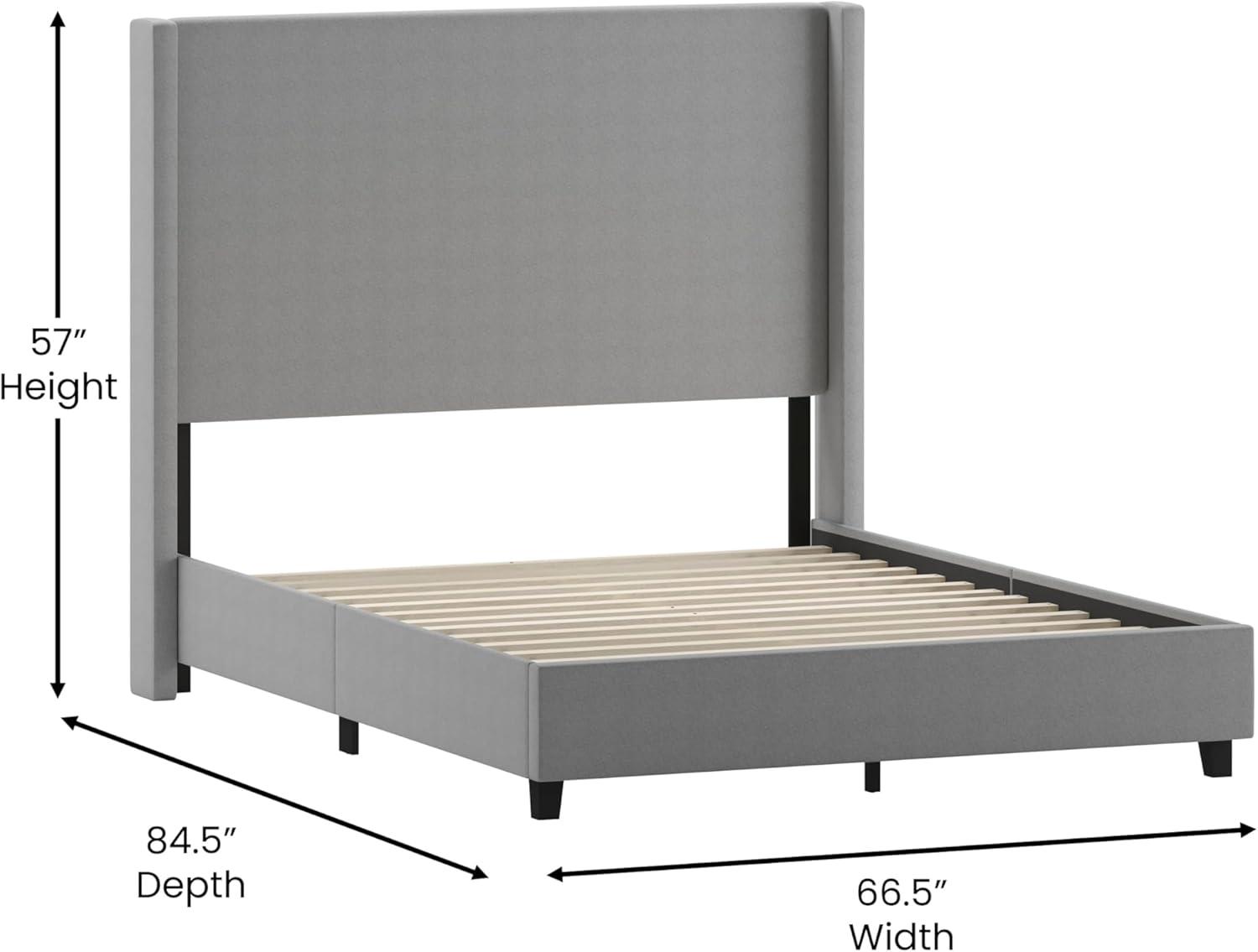 imageFlash Furniture Quinn Upholstered Platform Bed Beige Channel Stitched Wingback Headboard King Mattress Foundation with Slatted Supports No Box Spring NeededGrey