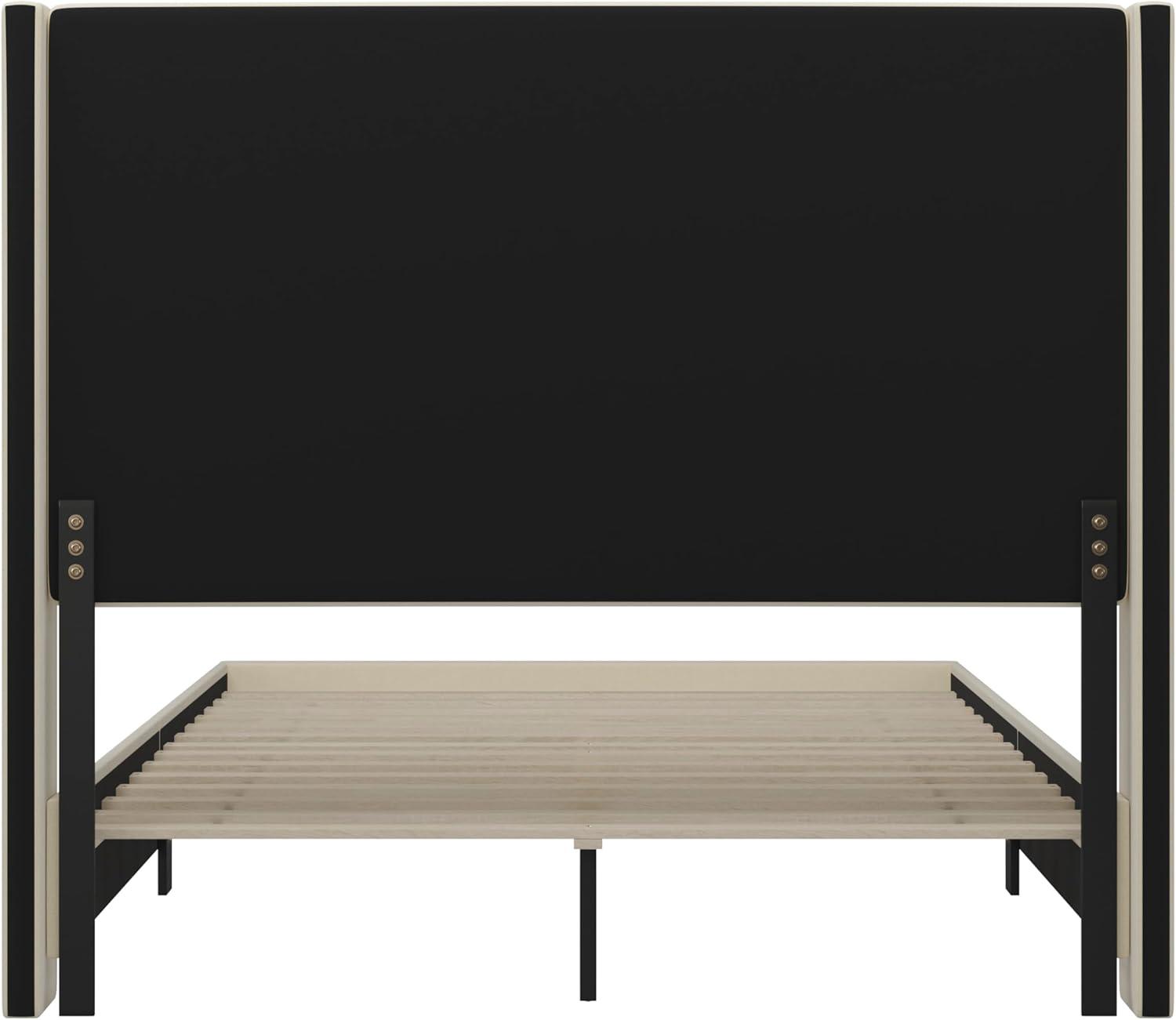 imageFlash Furniture Quinn Upholstered Platform Bed Beige Channel Stitched Wingback Headboard King Mattress Foundation with Slatted Supports No Box Spring NeededBeige