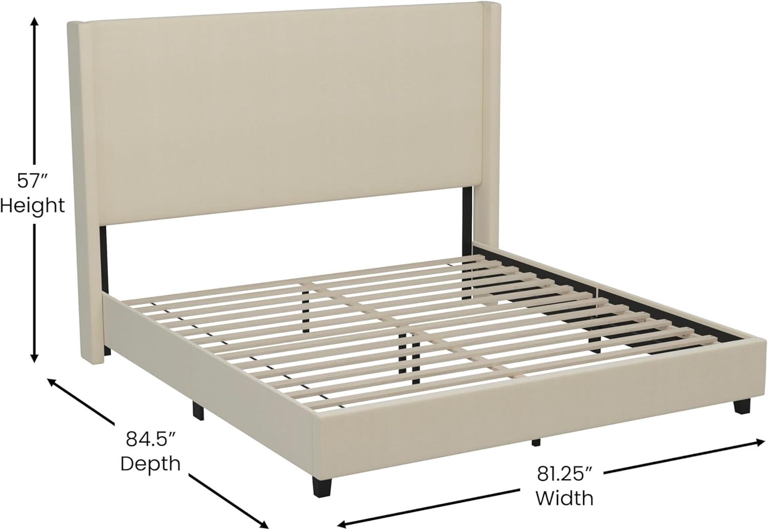 imageFlash Furniture Quinn Upholstered Platform Bed Beige Channel Stitched Wingback Headboard King Mattress Foundation with Slatted Supports No Box Spring NeededBeige