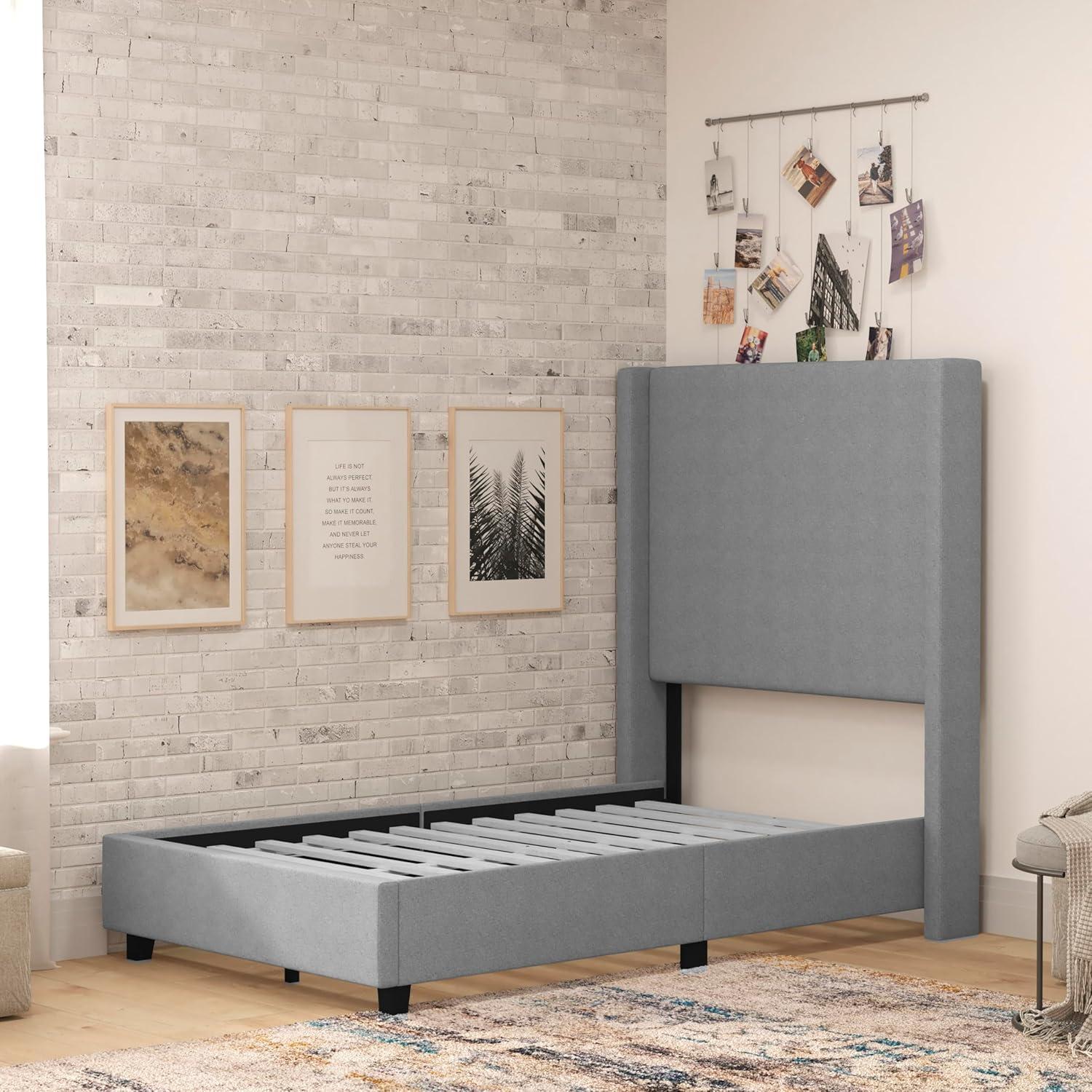 imageFlash Furniture Quinn Upholstered Platform Bed Beige Channel Stitched Wingback Headboard King Mattress Foundation with Slatted Supports No Box Spring NeededGrey