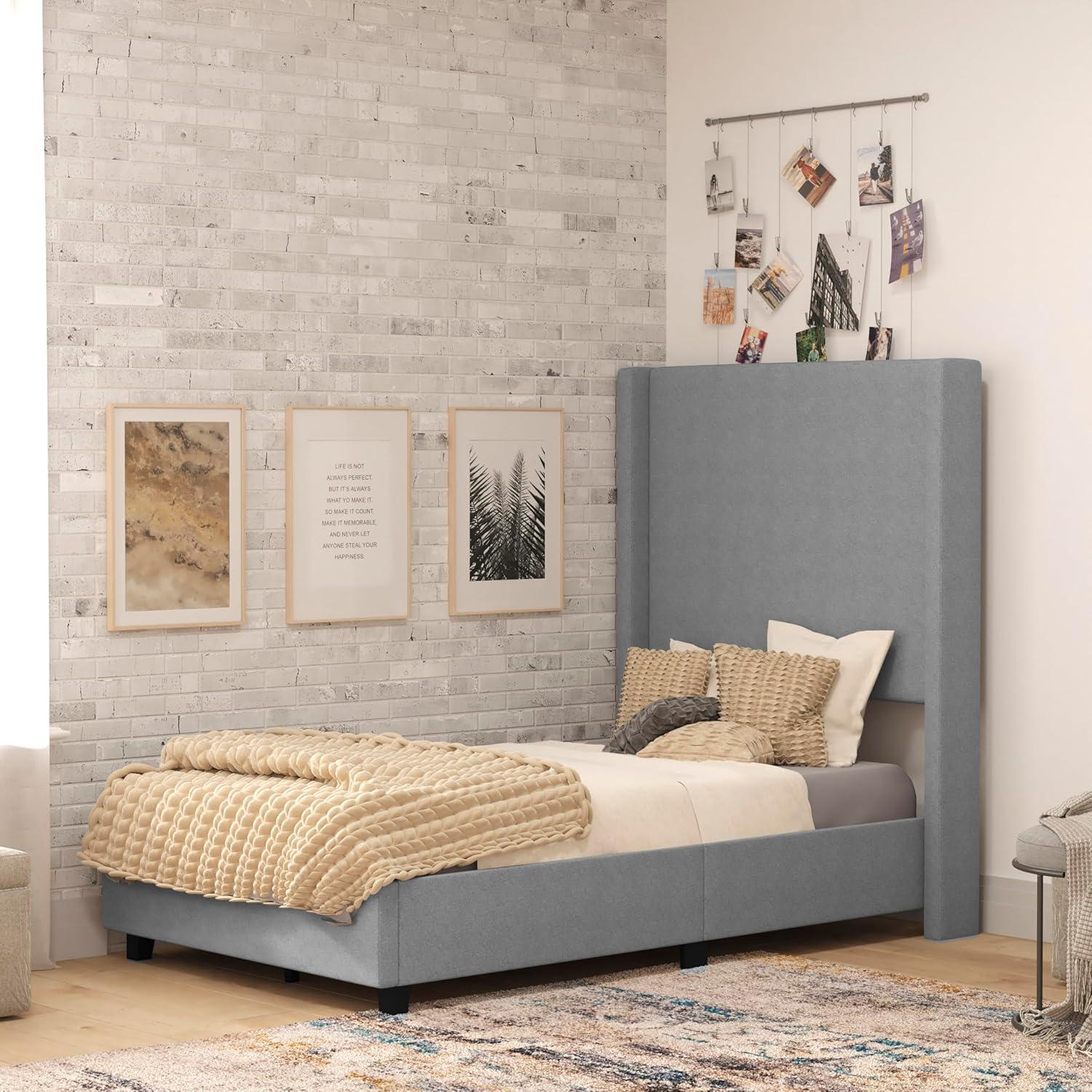 imageFlash Furniture Quinn Upholstered Platform Bed Beige Channel Stitched Wingback Headboard King Mattress Foundation with Slatted Supports No Box Spring NeededGrey