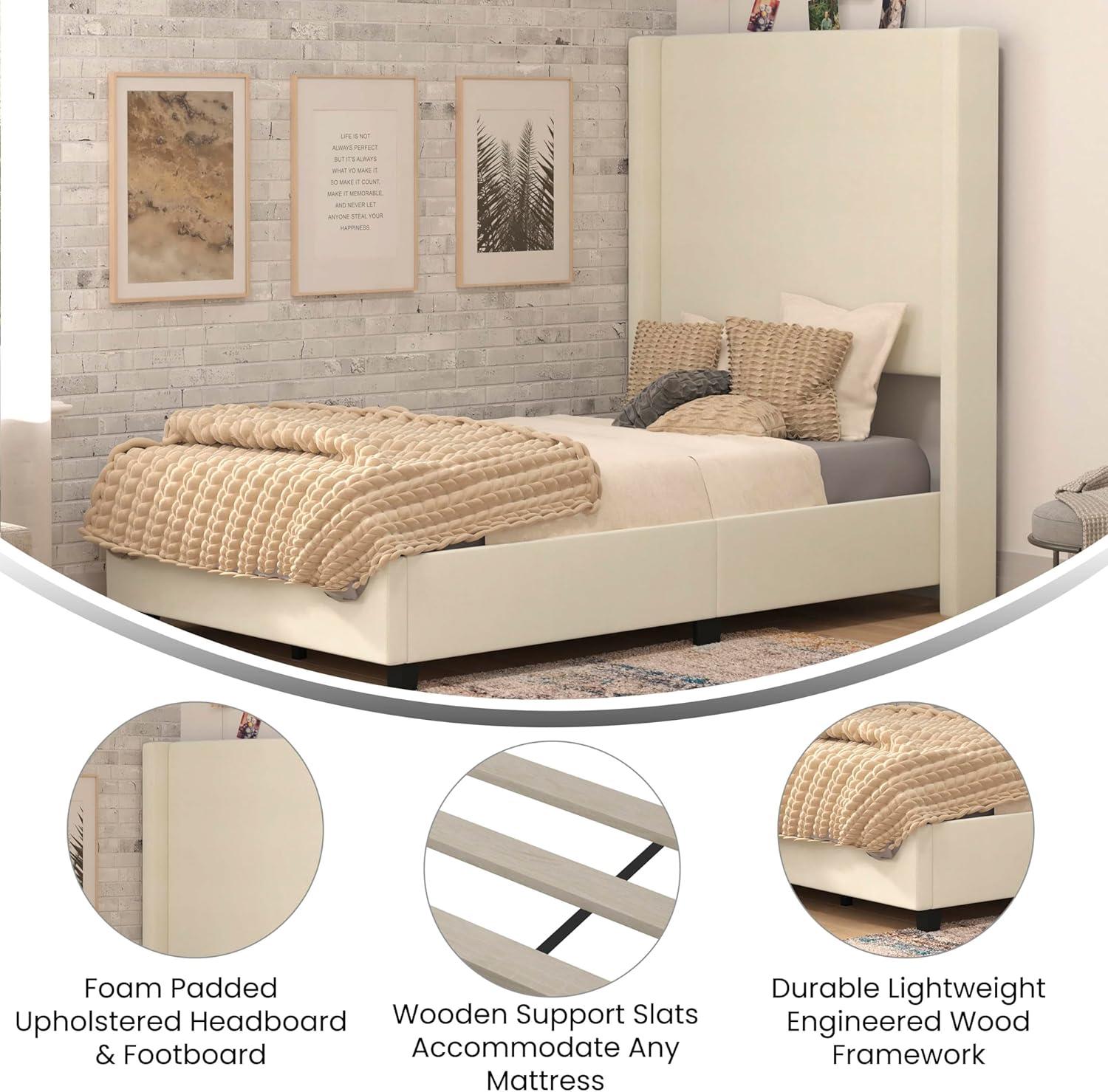 imageFlash Furniture Quinn Upholstered Platform Bed Beige Channel Stitched Wingback Headboard King Mattress Foundation with Slatted Supports No Box Spring NeededBeige