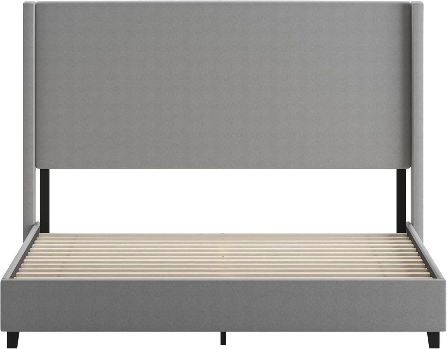 imageFlash Furniture Quinn Upholstered Platform Bed Beige Channel Stitched Wingback Headboard King Mattress Foundation with Slatted Supports No Box Spring NeededGrey