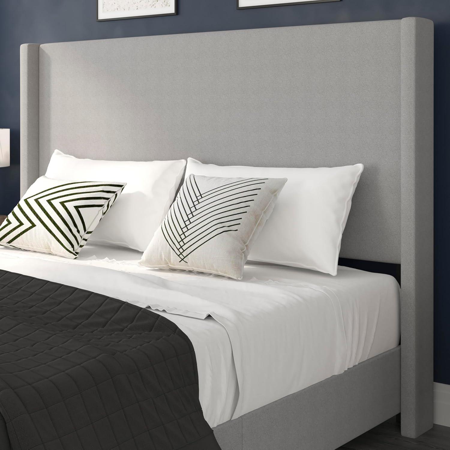 imageFlash Furniture Quinn Upholstered Platform Bed Beige Channel Stitched Wingback Headboard King Mattress Foundation with Slatted Supports No Box Spring NeededGrey