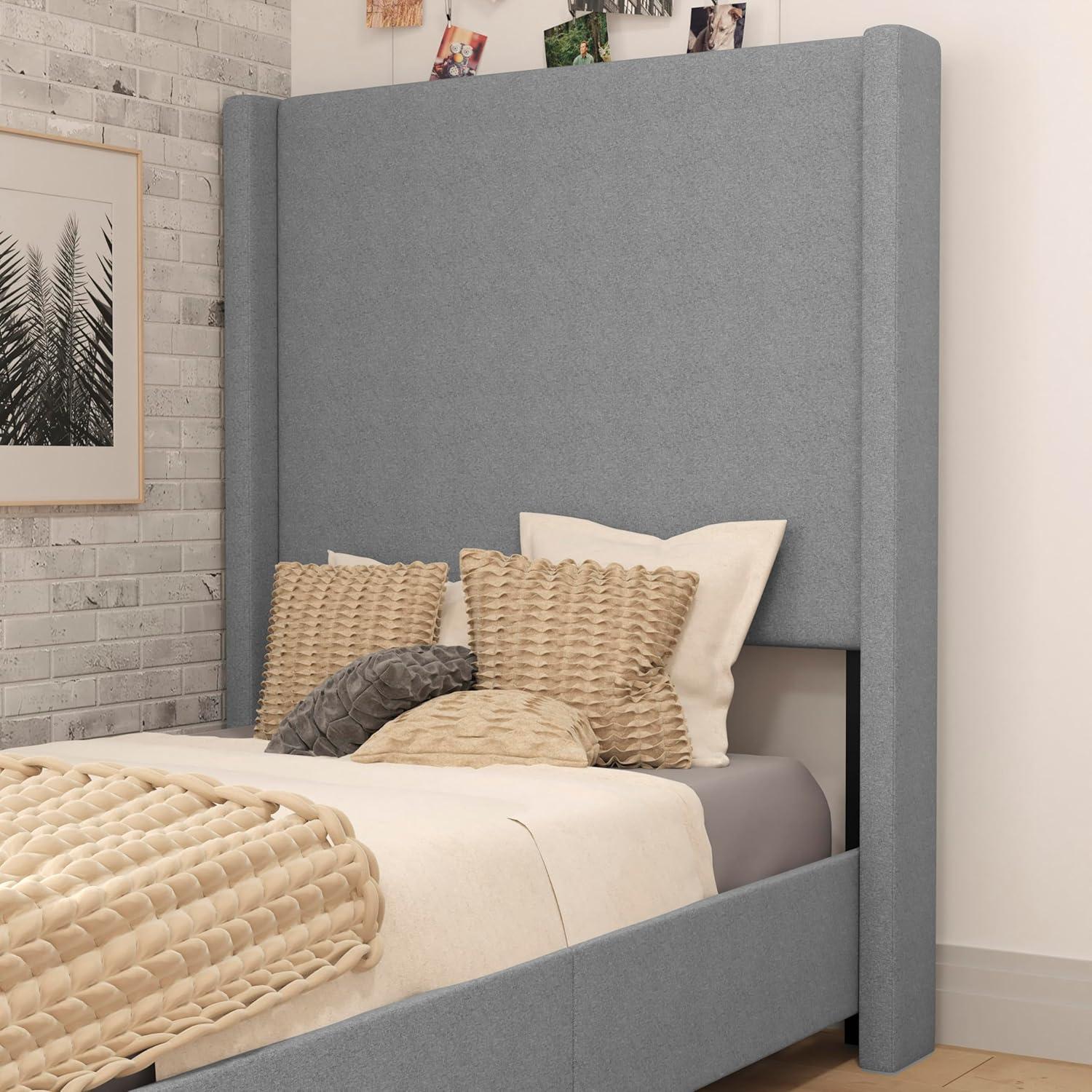 imageFlash Furniture Quinn Upholstered Platform Bed Beige Channel Stitched Wingback Headboard King Mattress Foundation with Slatted Supports No Box Spring NeededGrey