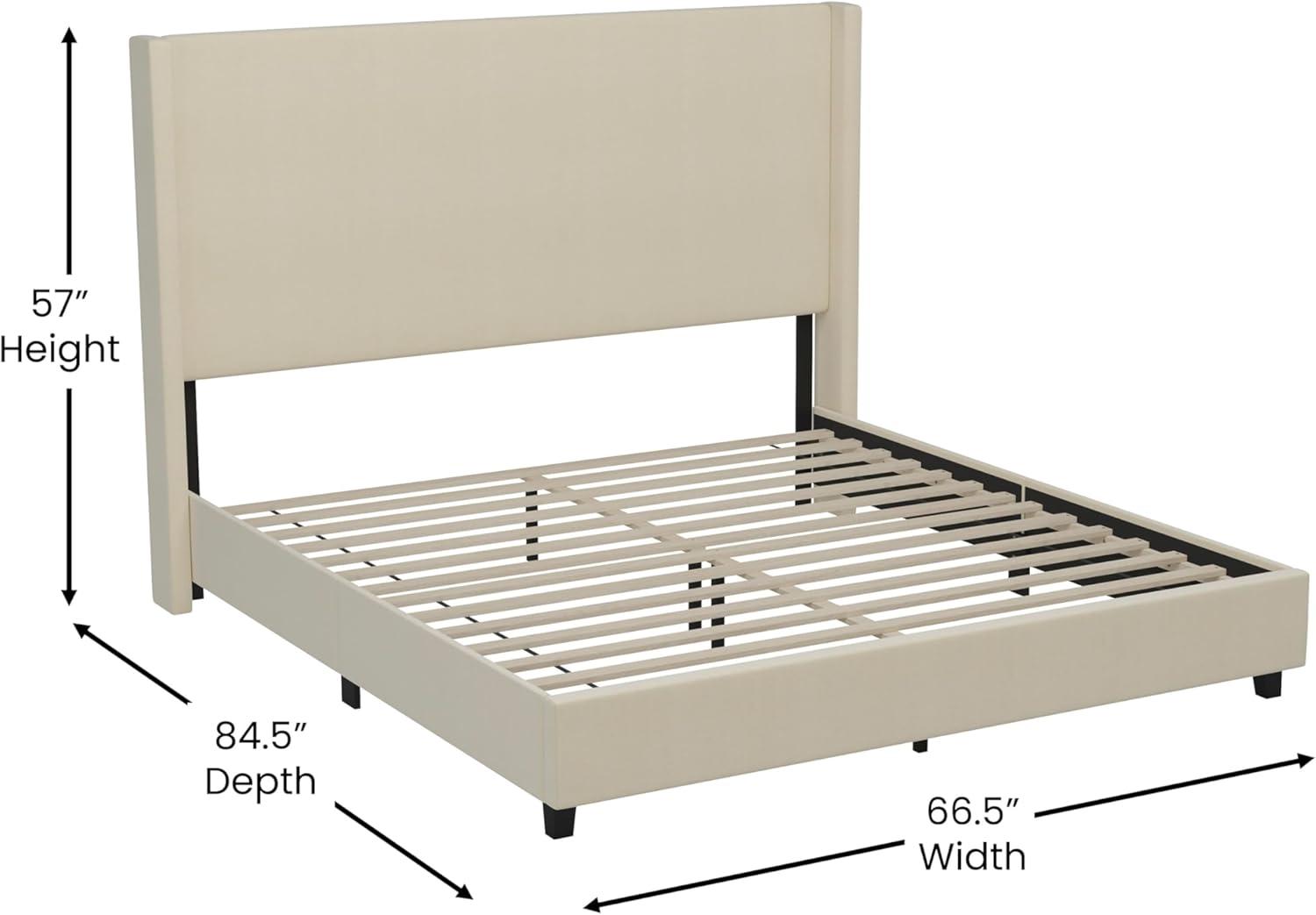 imageFlash Furniture Quinn Upholstered Platform Bed Beige Channel Stitched Wingback Headboard King Mattress Foundation with Slatted Supports No Box Spring NeededBeige