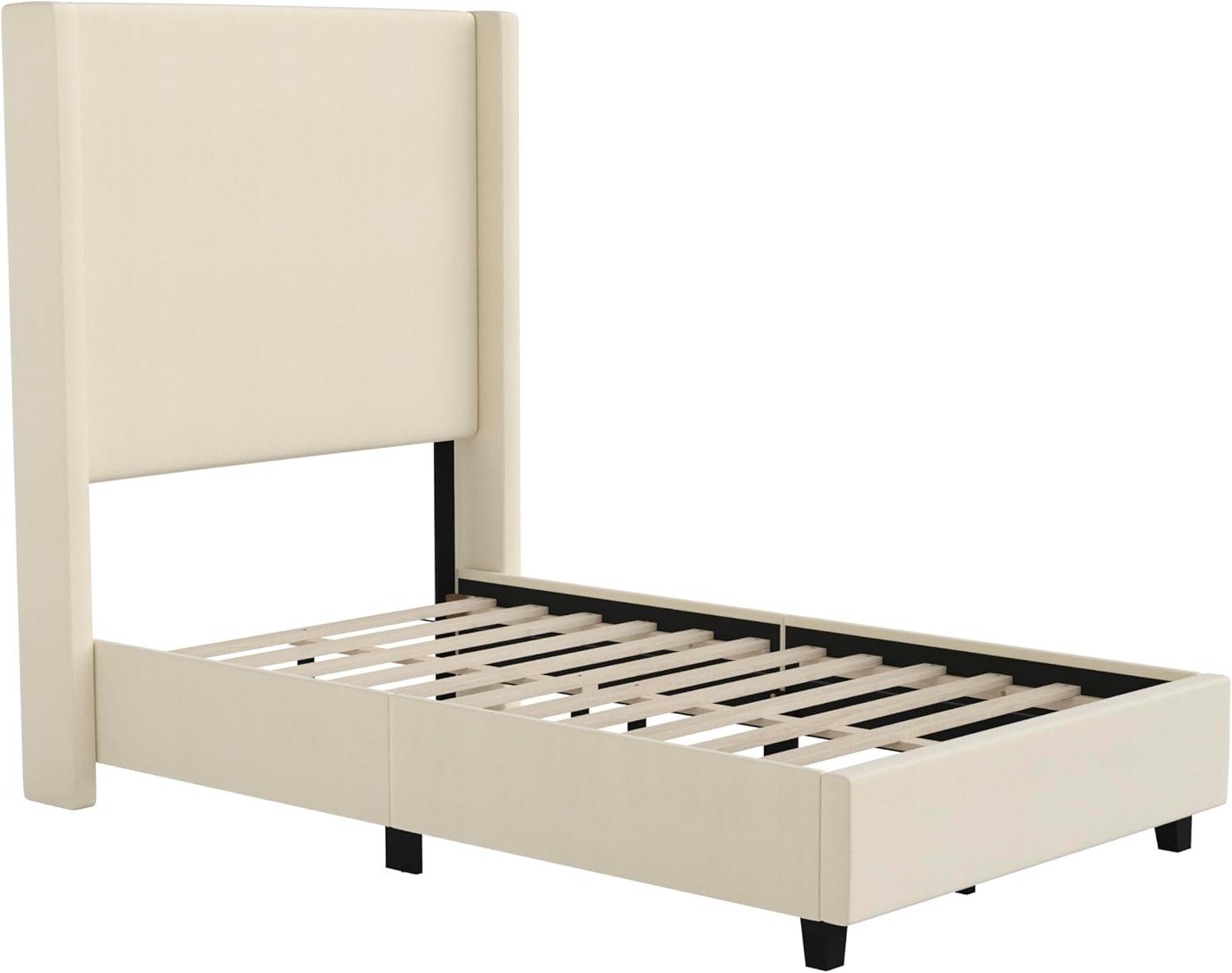 imageFlash Furniture Quinn Upholstered Platform Bed Beige Channel Stitched Wingback Headboard King Mattress Foundation with Slatted Supports No Box Spring NeededBeige