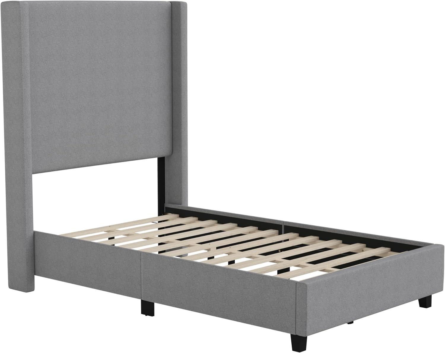 imageFlash Furniture Quinn Upholstered Platform Bed Beige Channel Stitched Wingback Headboard King Mattress Foundation with Slatted Supports No Box Spring NeededGrey