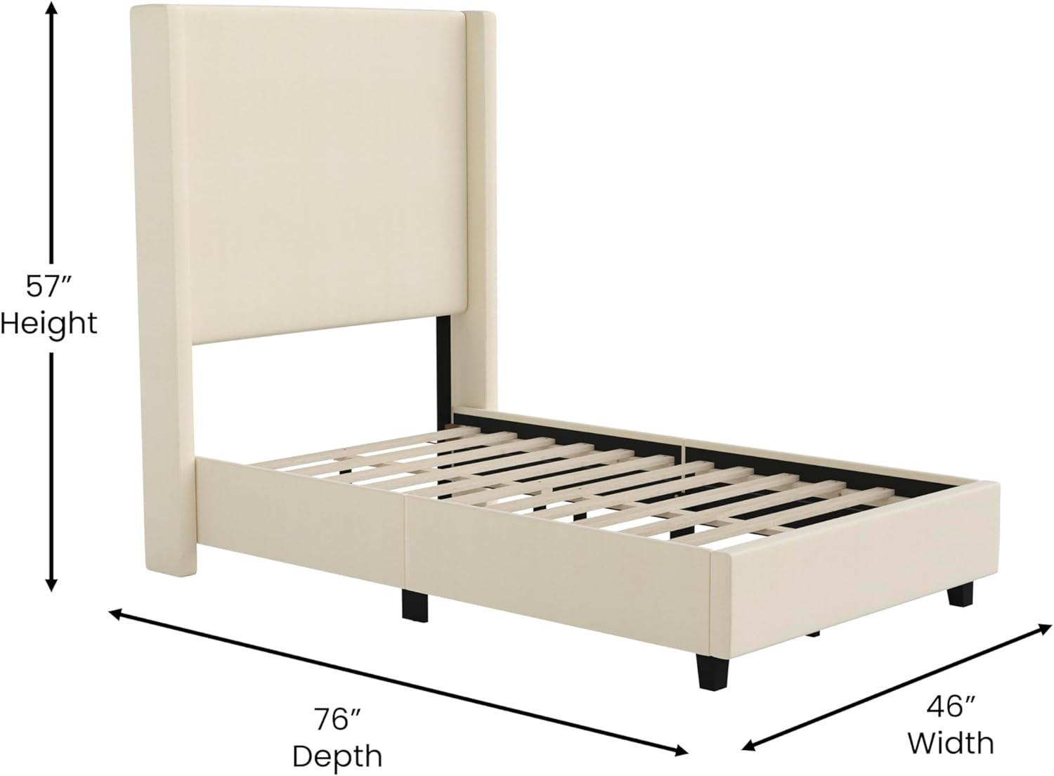 imageFlash Furniture Quinn Upholstered Platform Bed Beige Channel Stitched Wingback Headboard King Mattress Foundation with Slatted Supports No Box Spring NeededBeige