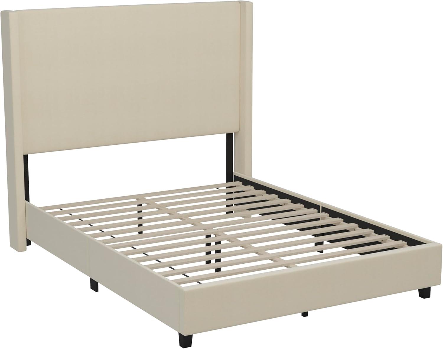 imageFlash Furniture Quinn Upholstered Platform Bed Beige Channel Stitched Wingback Headboard King Mattress Foundation with Slatted Supports No Box Spring NeededBeige
