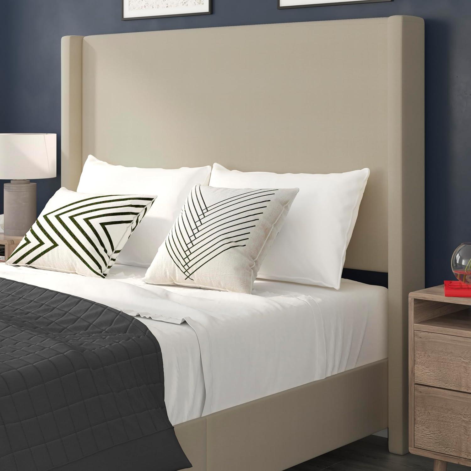 imageFlash Furniture Quinn Upholstered Platform Bed Beige Channel Stitched Wingback Headboard King Mattress Foundation with Slatted Supports No Box Spring NeededBeige