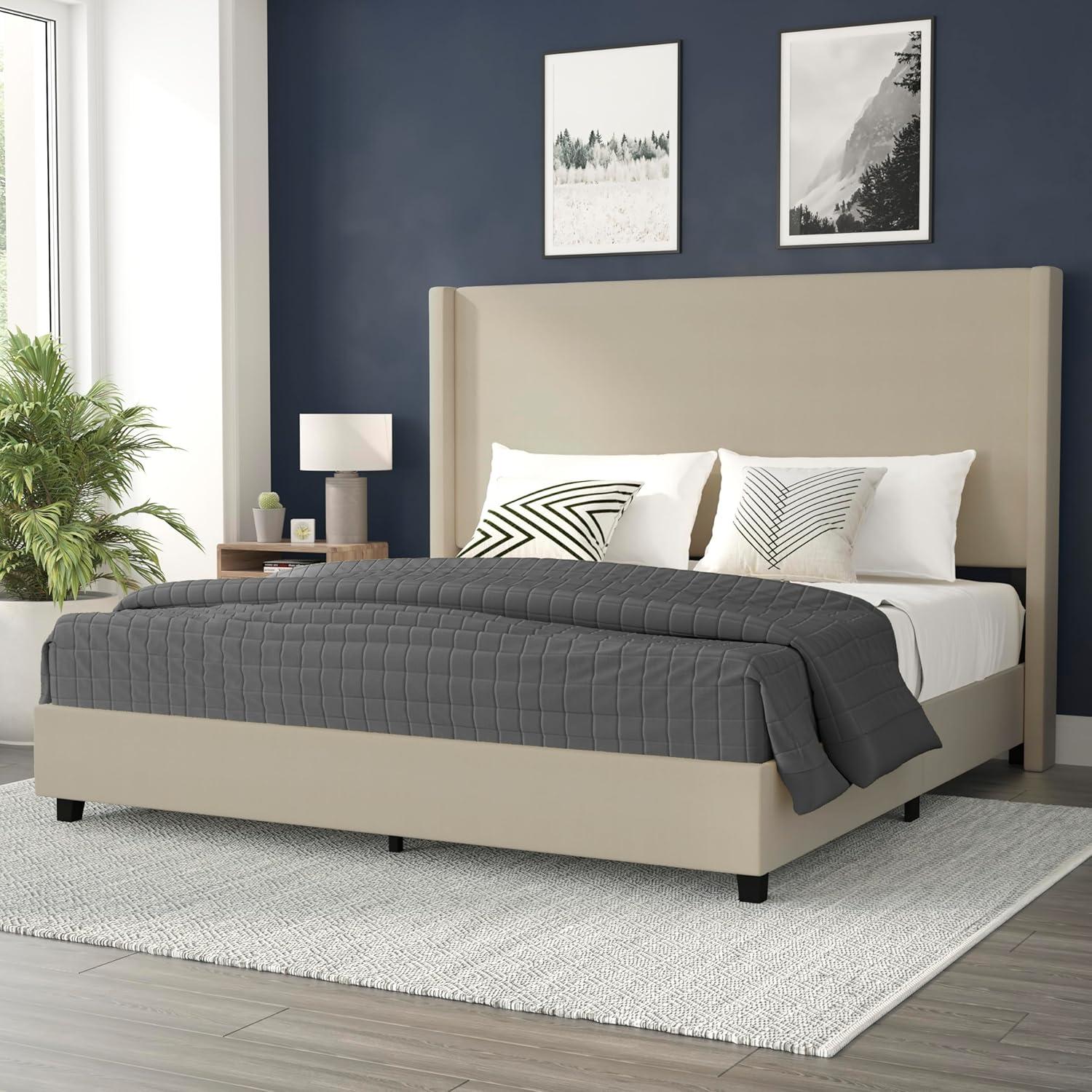 imageFlash Furniture Quinn Upholstered Platform Bed Beige Channel Stitched Wingback Headboard King Mattress Foundation with Slatted Supports No Box Spring NeededBeige