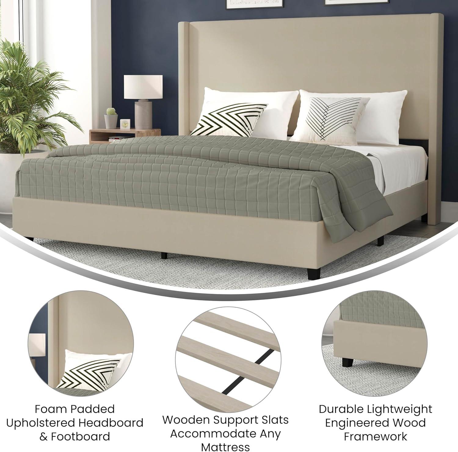 imageFlash Furniture Quinn Upholstered Platform Bed Beige Channel Stitched Wingback Headboard King Mattress Foundation with Slatted Supports No Box Spring NeededBeige