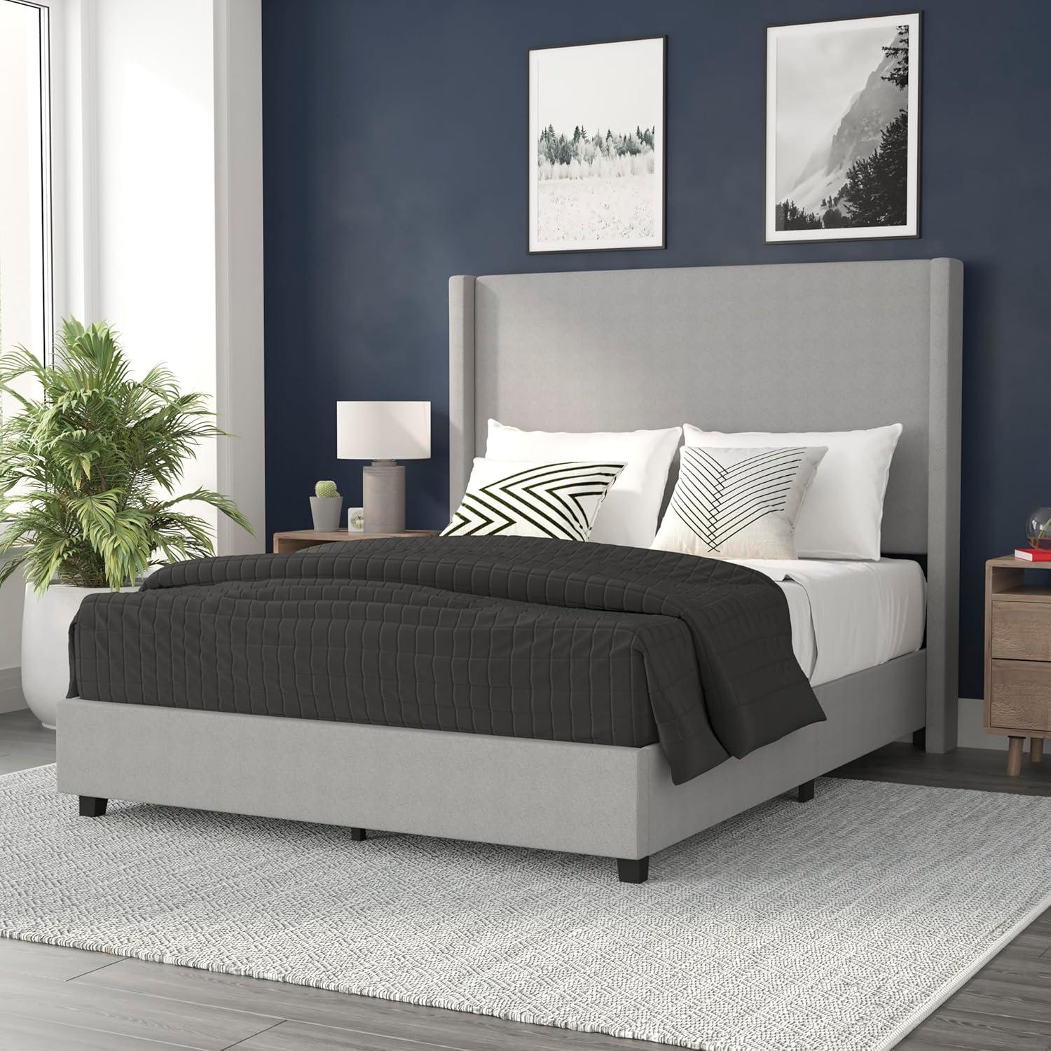 imageFlash Furniture Quinn Upholstered Platform Bed Beige Channel Stitched Wingback Headboard King Mattress Foundation with Slatted Supports No Box Spring NeededGrey