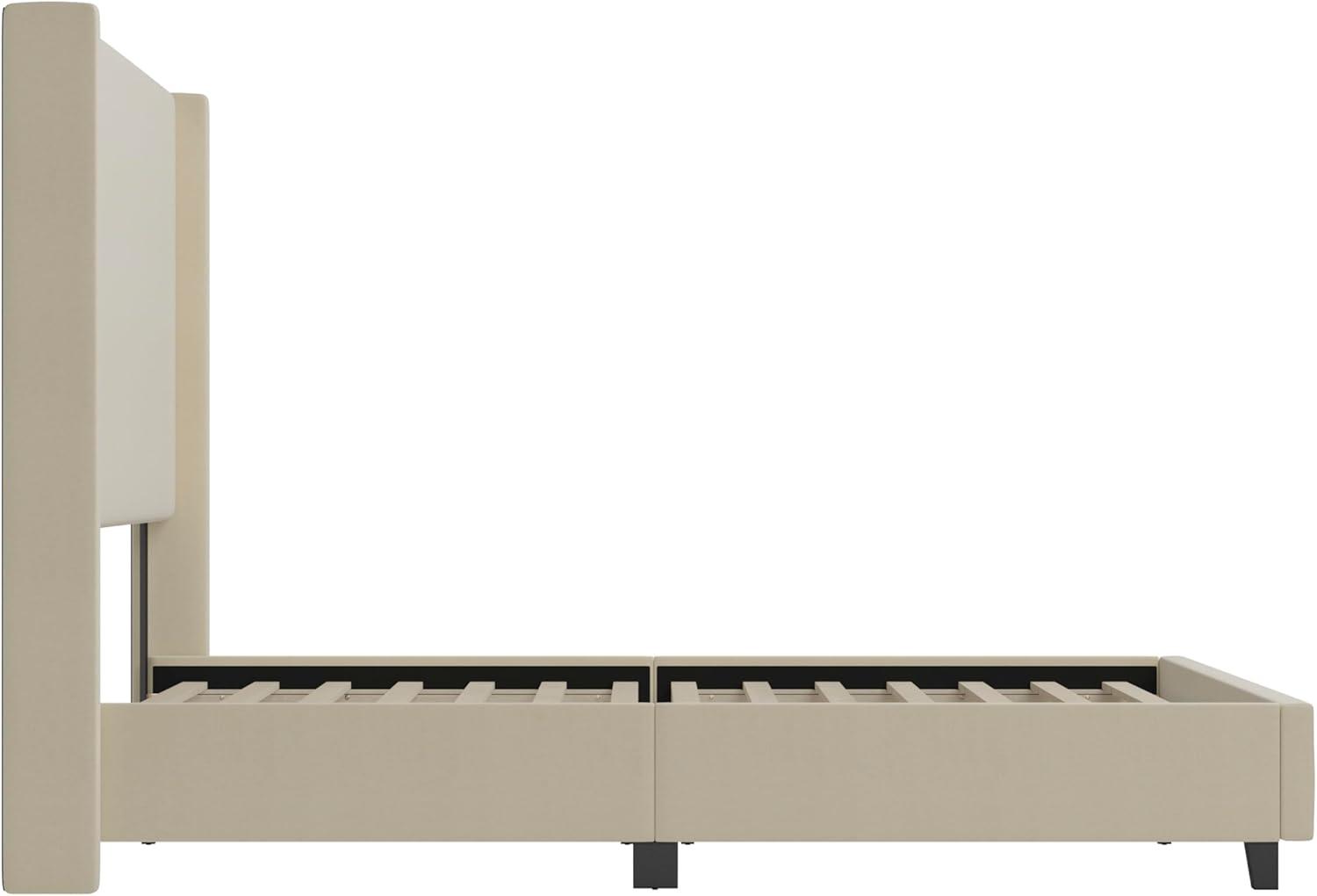 imageFlash Furniture Quinn Upholstered Platform Bed Beige Channel Stitched Wingback Headboard King Mattress Foundation with Slatted Supports No Box Spring NeededBeige