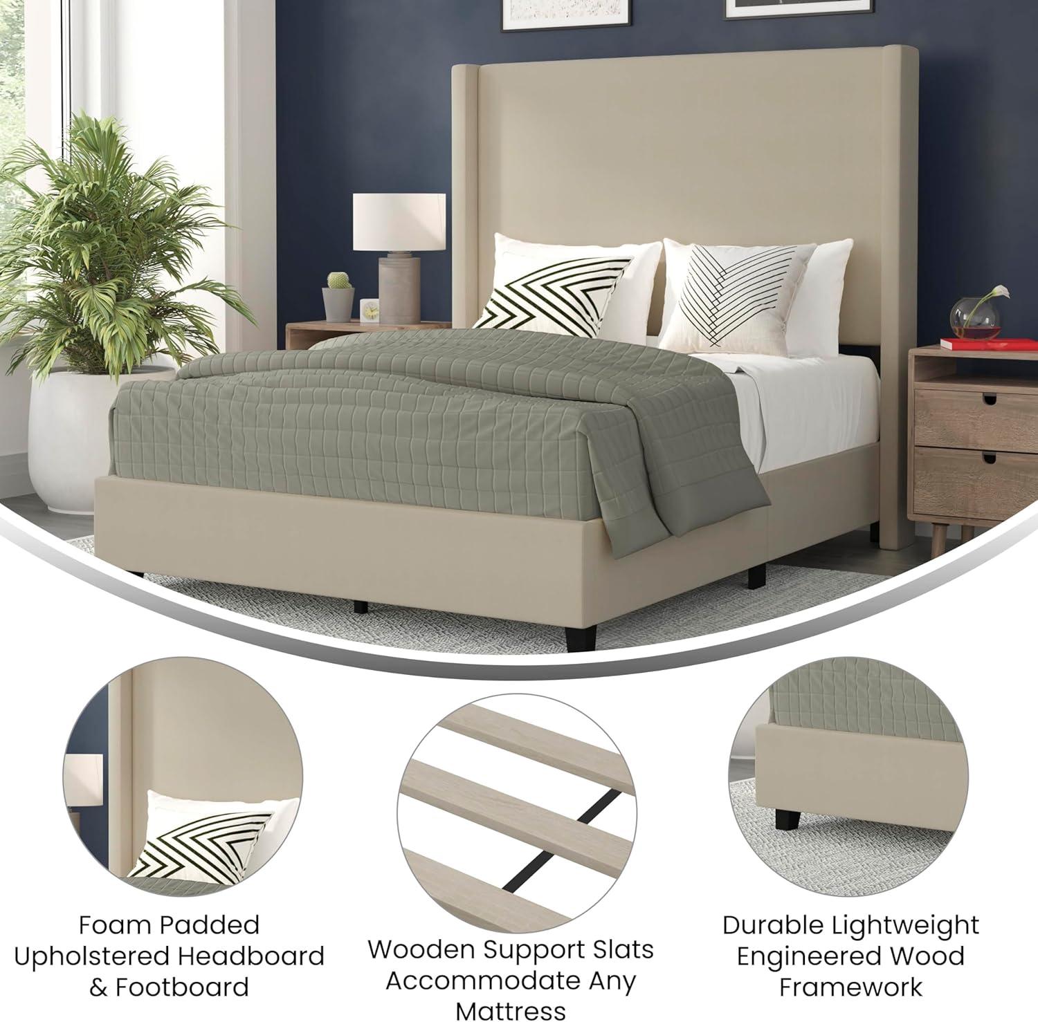 imageFlash Furniture Quinn Upholstered Platform Bed Beige Channel Stitched Wingback Headboard King Mattress Foundation with Slatted Supports No Box Spring NeededBeige