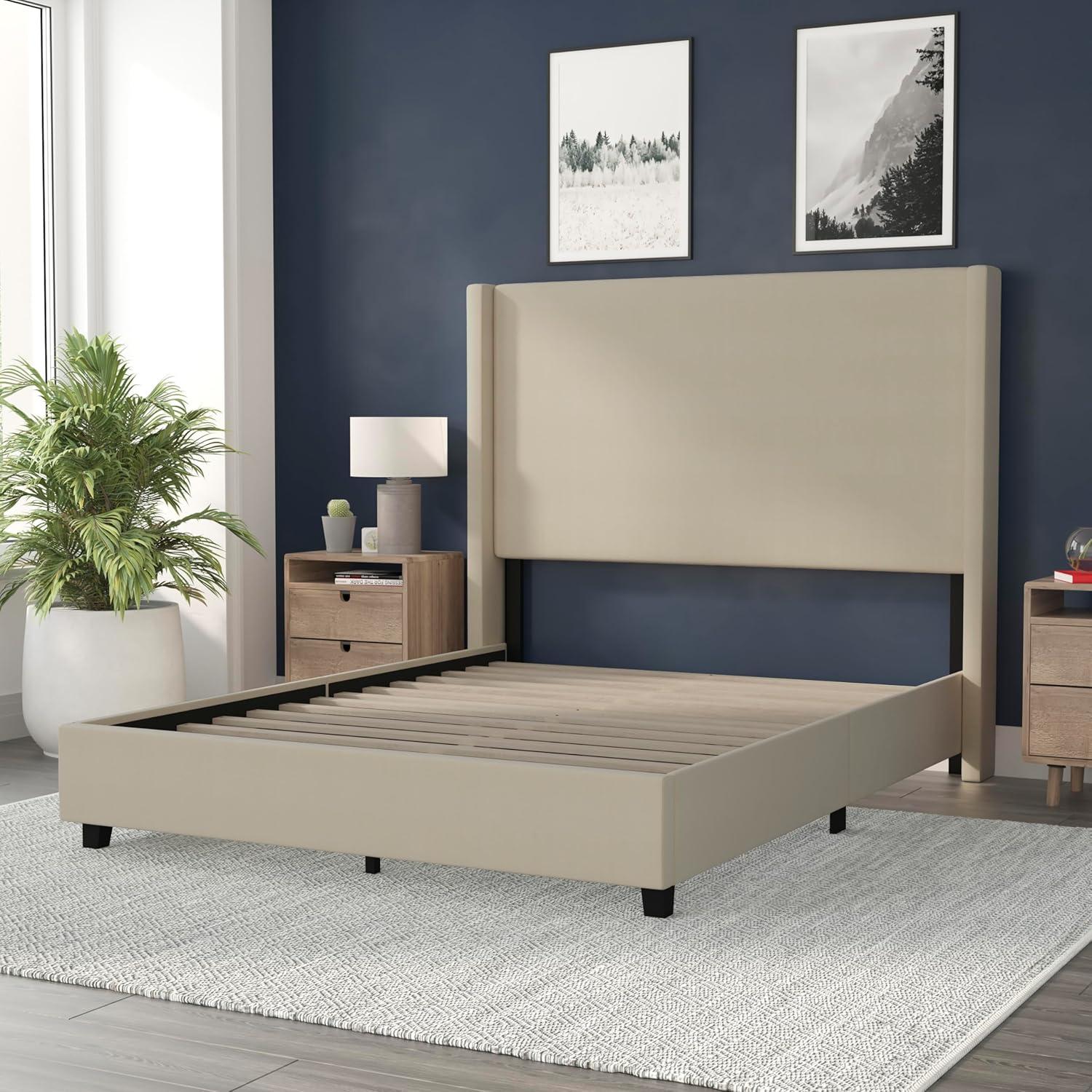 imageFlash Furniture Quinn Upholstered Platform Bed Beige Channel Stitched Wingback Headboard King Mattress Foundation with Slatted Supports No Box Spring NeededBeige
