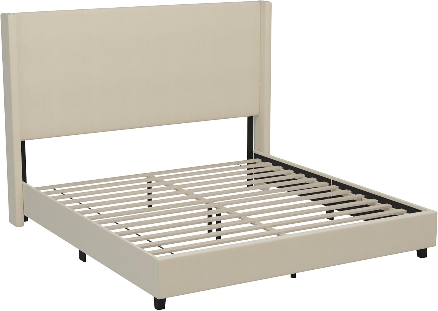 imageFlash Furniture Quinn Upholstered Platform Bed Beige Channel Stitched Wingback Headboard King Mattress Foundation with Slatted Supports No Box Spring NeededBeige