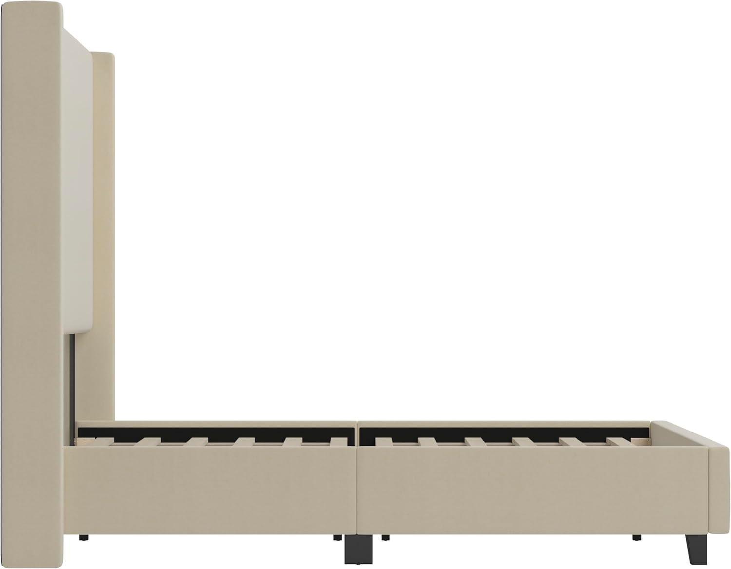 imageFlash Furniture Quinn Upholstered Platform Bed Beige Channel Stitched Wingback Headboard King Mattress Foundation with Slatted Supports No Box Spring NeededBeige