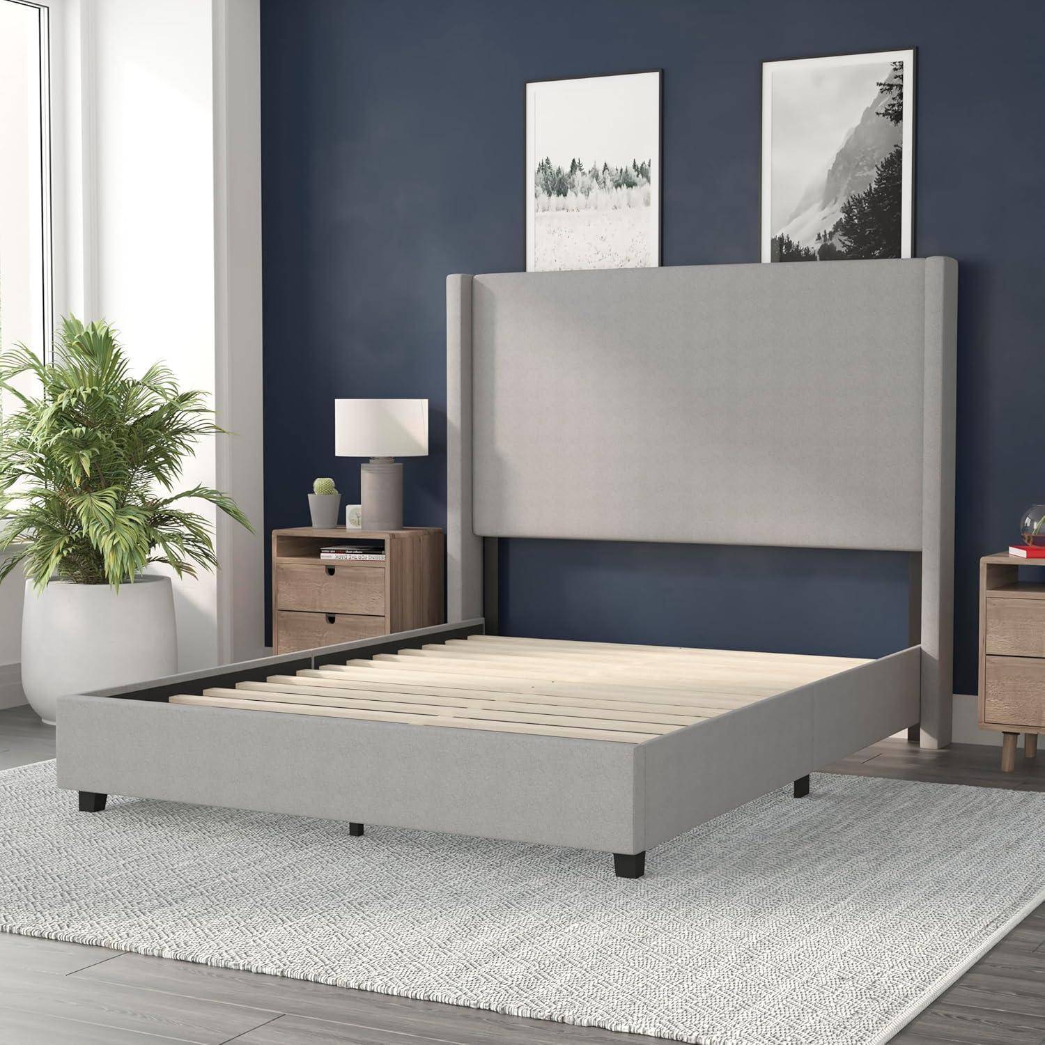 imageFlash Furniture Quinn Upholstered Platform Bed Beige Channel Stitched Wingback Headboard King Mattress Foundation with Slatted Supports No Box Spring NeededGrey