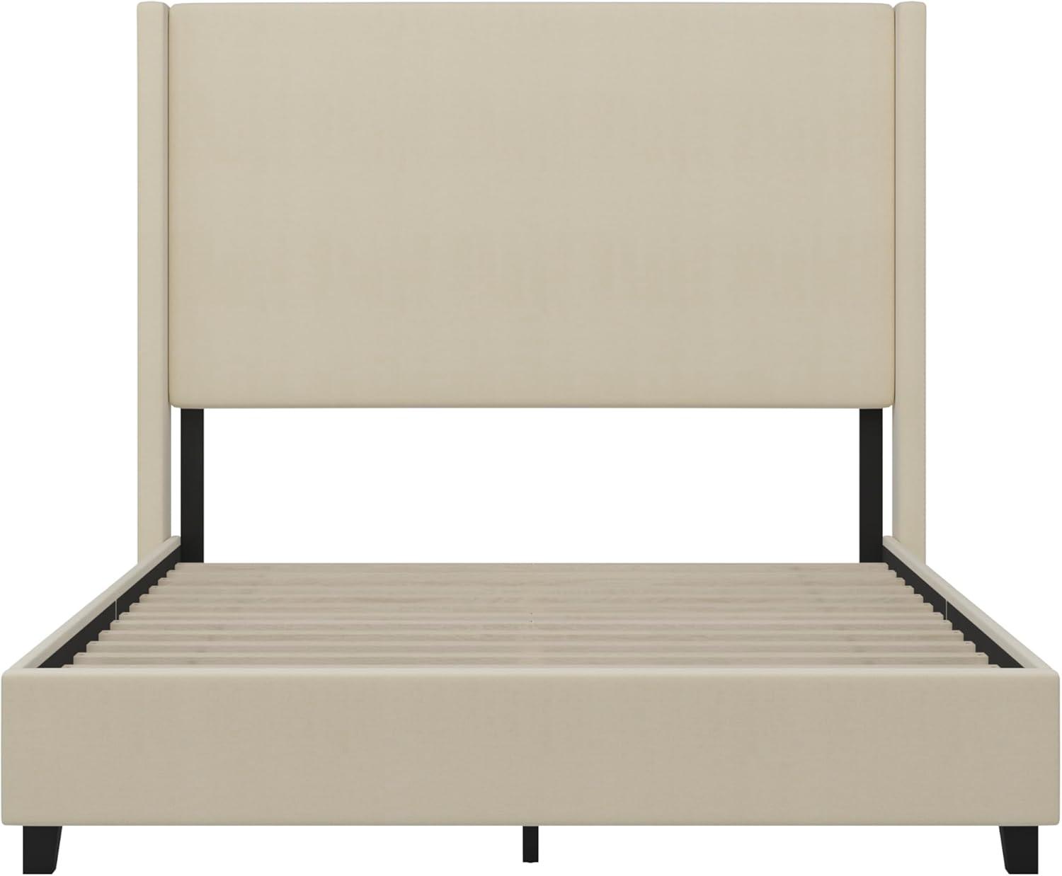imageFlash Furniture Quinn Upholstered Platform Bed Beige Channel Stitched Wingback Headboard King Mattress Foundation with Slatted Supports No Box Spring NeededBeige