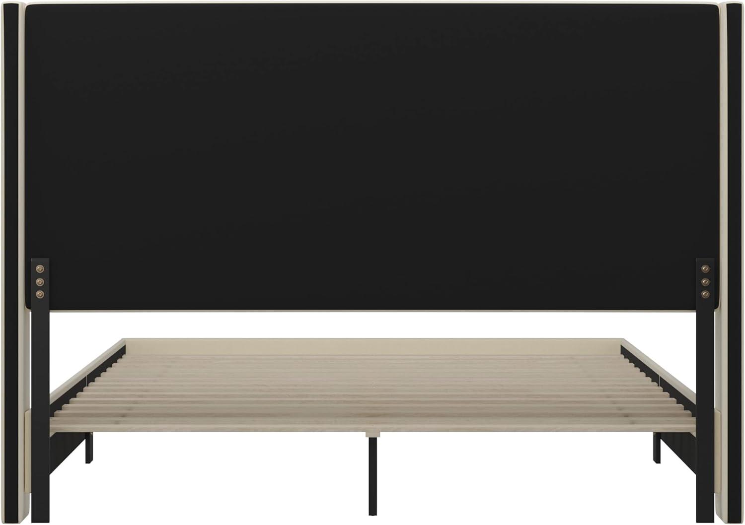 imageFlash Furniture Quinn Upholstered Platform Bed Beige Channel Stitched Wingback Headboard King Mattress Foundation with Slatted Supports No Box Spring NeededBeige