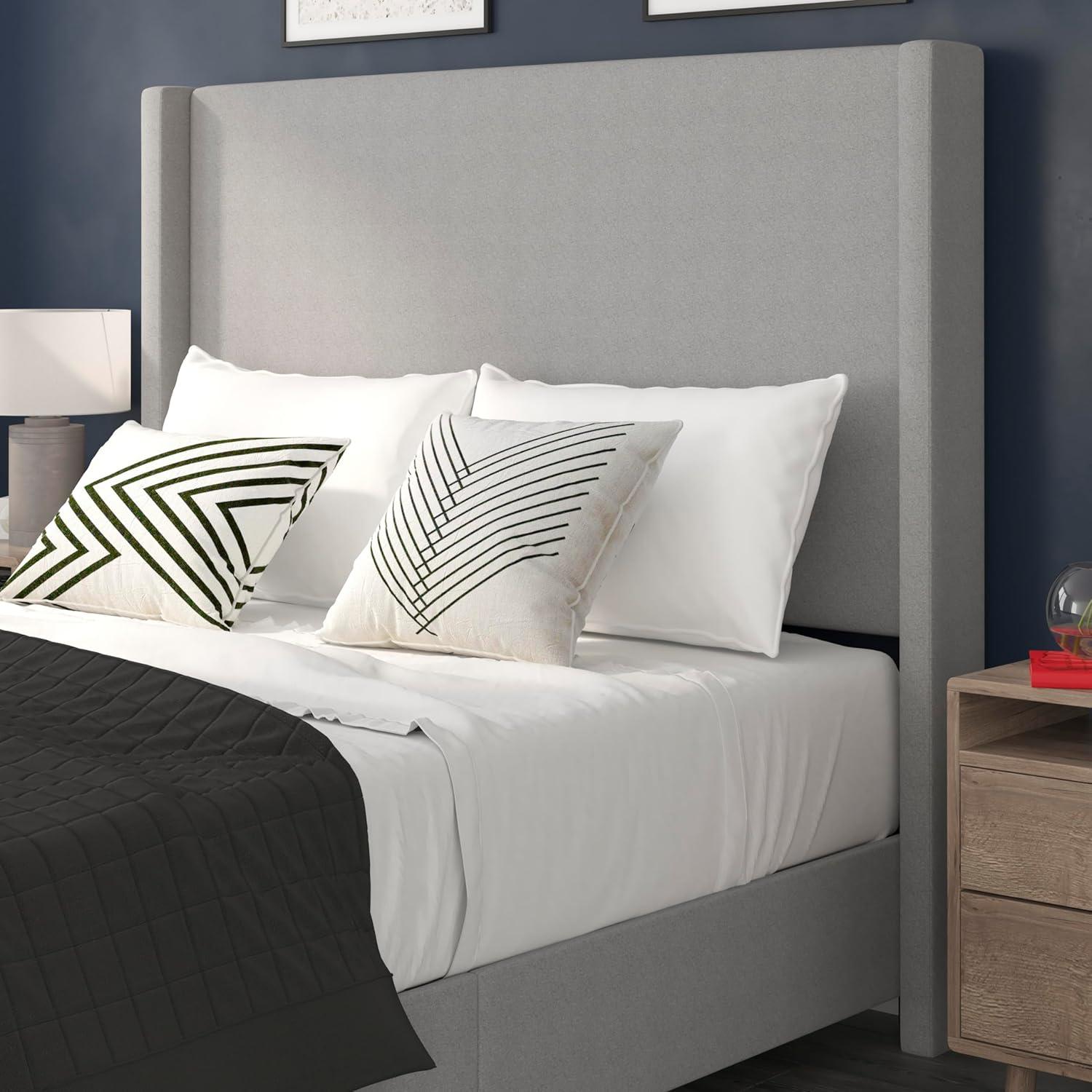 imageFlash Furniture Quinn Upholstered Platform Bed Beige Channel Stitched Wingback Headboard King Mattress Foundation with Slatted Supports No Box Spring NeededGrey