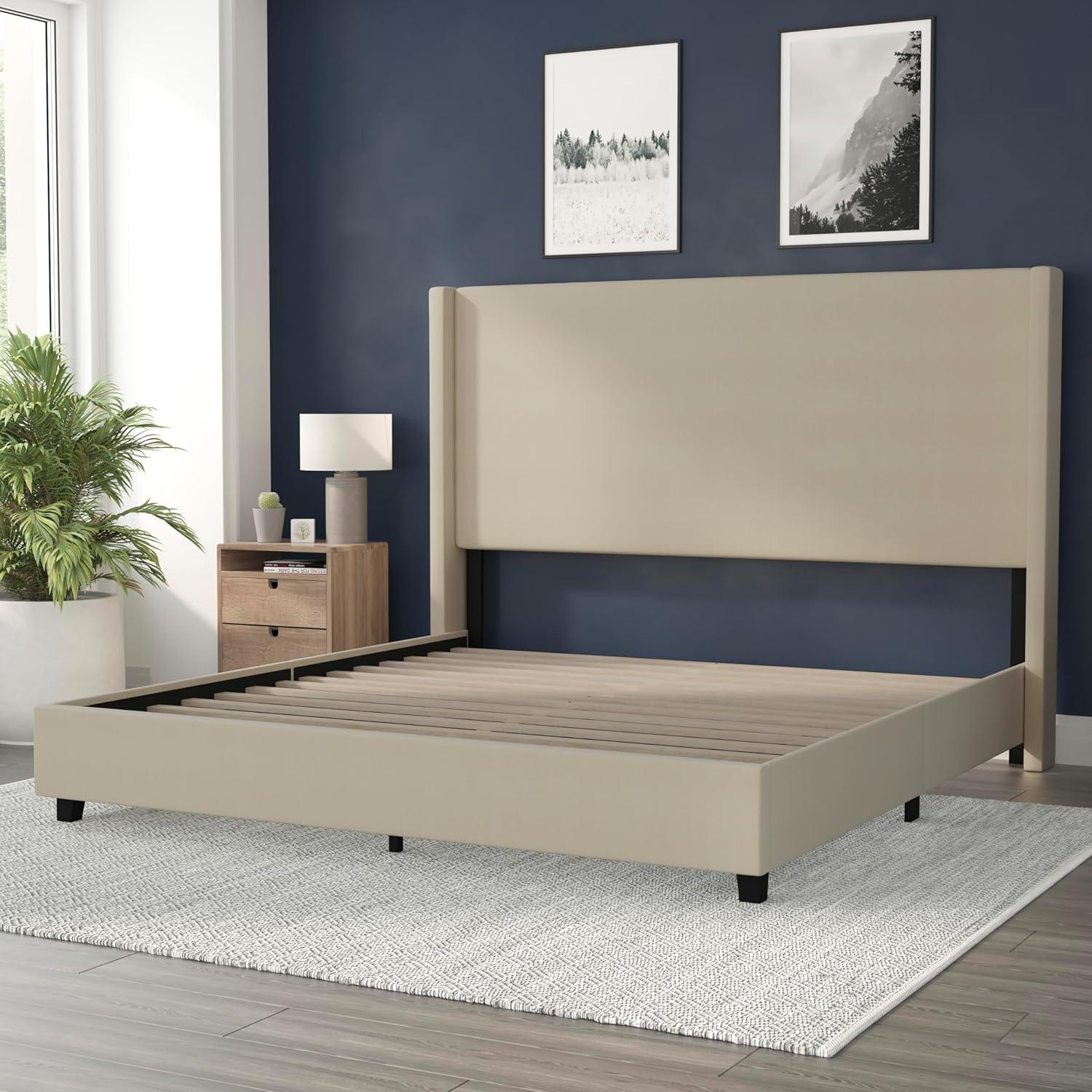 imageFlash Furniture Quinn Upholstered Platform Bed Beige Channel Stitched Wingback Headboard King Mattress Foundation with Slatted Supports No Box Spring NeededBeige