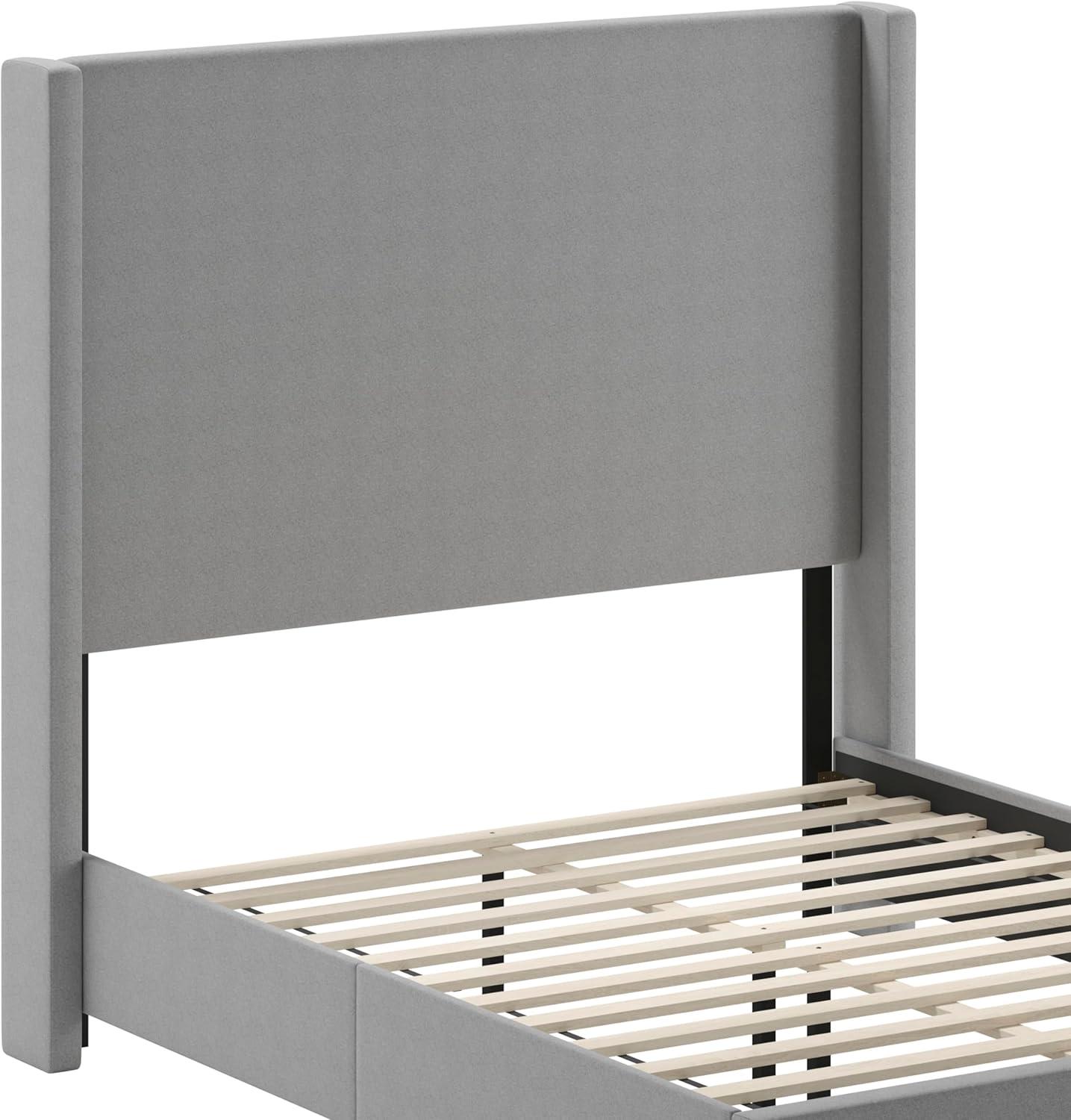 imageFlash Furniture Quinn Upholstered Platform Bed Beige Channel Stitched Wingback Headboard King Mattress Foundation with Slatted Supports No Box Spring NeededGrey