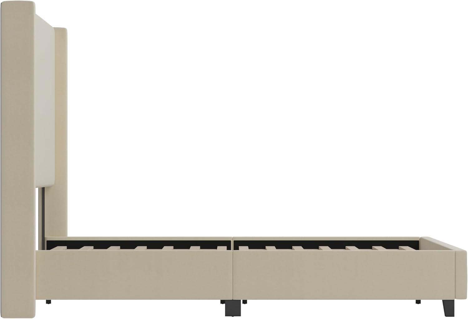 imageFlash Furniture Quinn Upholstered Platform Bed Beige Channel Stitched Wingback Headboard King Mattress Foundation with Slatted Supports No Box Spring NeededBeige