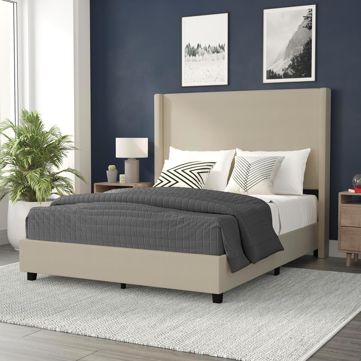 imageFlash Furniture Quinn Upholstered Platform Bed Beige Channel Stitched Wingback Headboard King Mattress Foundation with Slatted Supports No Box Spring NeededBeige