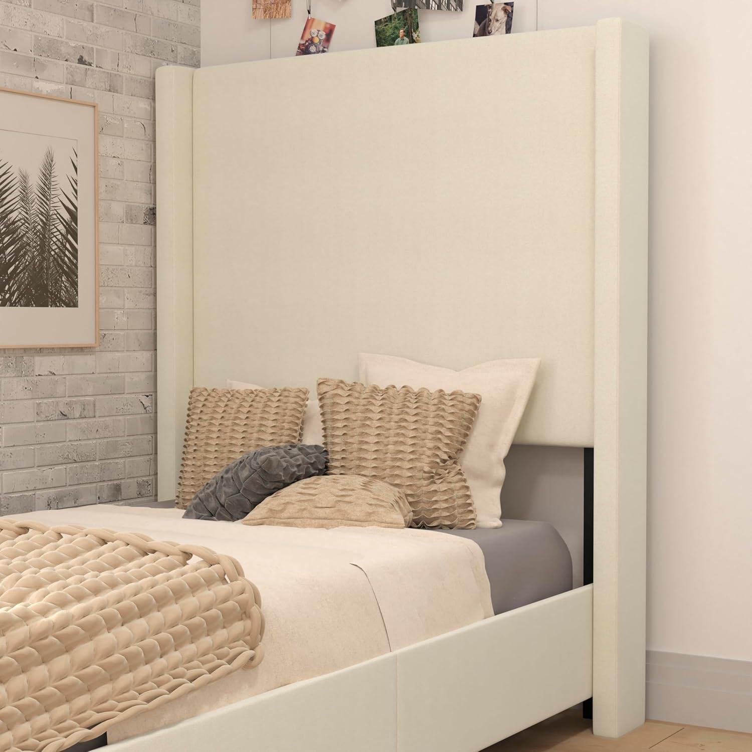 imageFlash Furniture Quinn Upholstered Platform Bed Beige Channel Stitched Wingback Headboard King Mattress Foundation with Slatted Supports No Box Spring NeededBeige