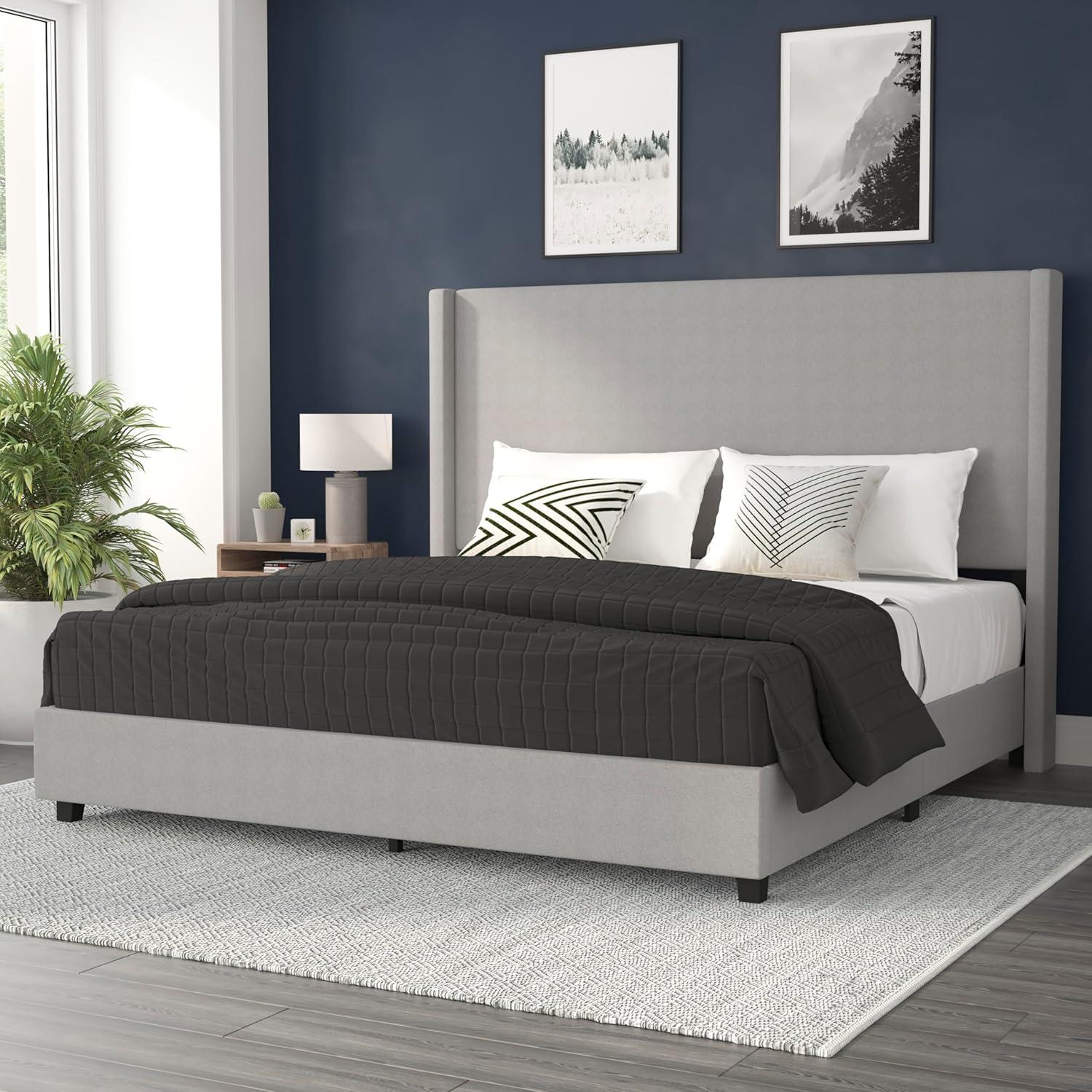imageFlash Furniture Quinn Upholstered Platform Bed Beige Channel Stitched Wingback Headboard King Mattress Foundation with Slatted Supports No Box Spring NeededGrey