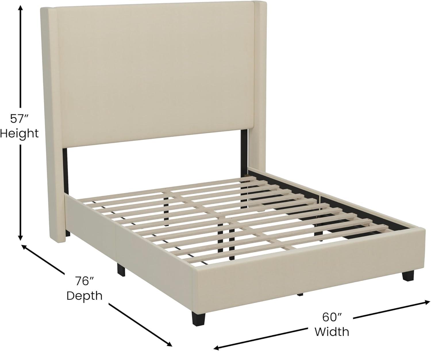 imageFlash Furniture Quinn Upholstered Platform Bed Beige Channel Stitched Wingback Headboard King Mattress Foundation with Slatted Supports No Box Spring NeededBeige