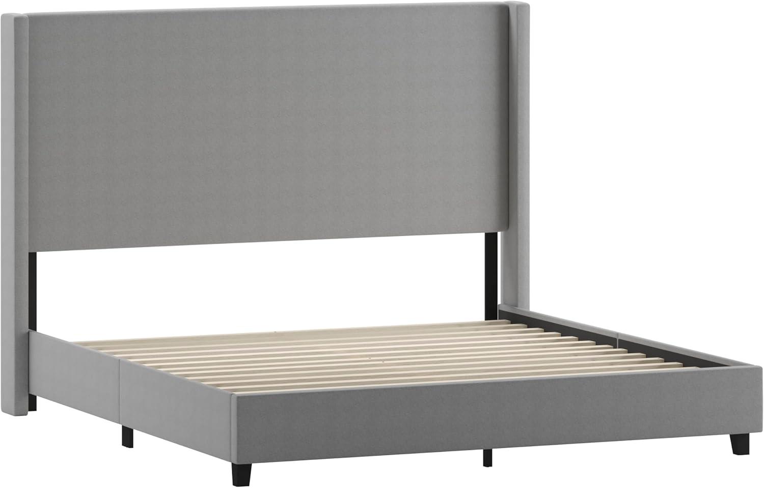 imageFlash Furniture Quinn Upholstered Platform Bed Beige Channel Stitched Wingback Headboard King Mattress Foundation with Slatted Supports No Box Spring NeededGrey