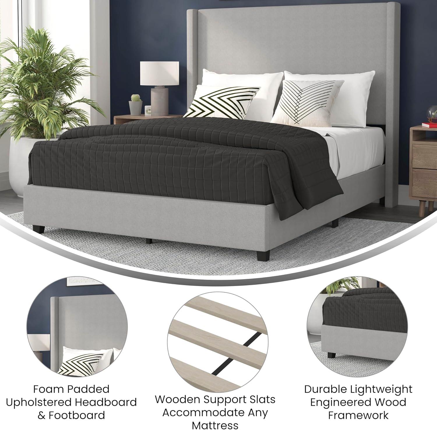 imageFlash Furniture Quinn Upholstered Platform Bed Beige Channel Stitched Wingback Headboard King Mattress Foundation with Slatted Supports No Box Spring NeededGrey