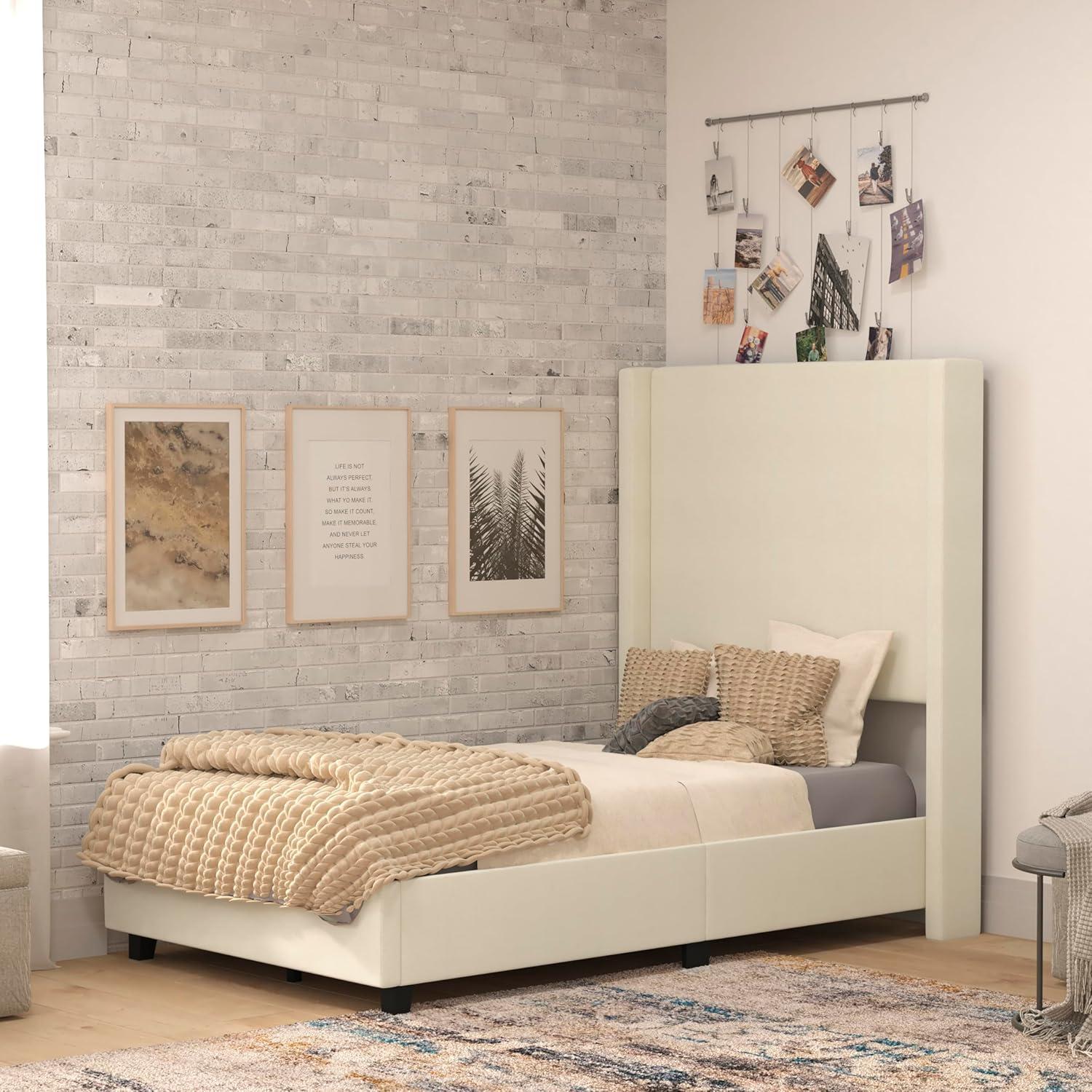 imageFlash Furniture Quinn Upholstered Platform Bed Beige Channel Stitched Wingback Headboard King Mattress Foundation with Slatted Supports No Box Spring NeededBeige