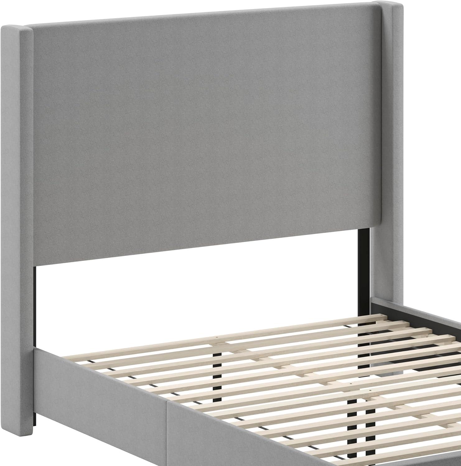 imageFlash Furniture Quinn Upholstered Platform Bed Beige Channel Stitched Wingback Headboard King Mattress Foundation with Slatted Supports No Box Spring NeededGrey