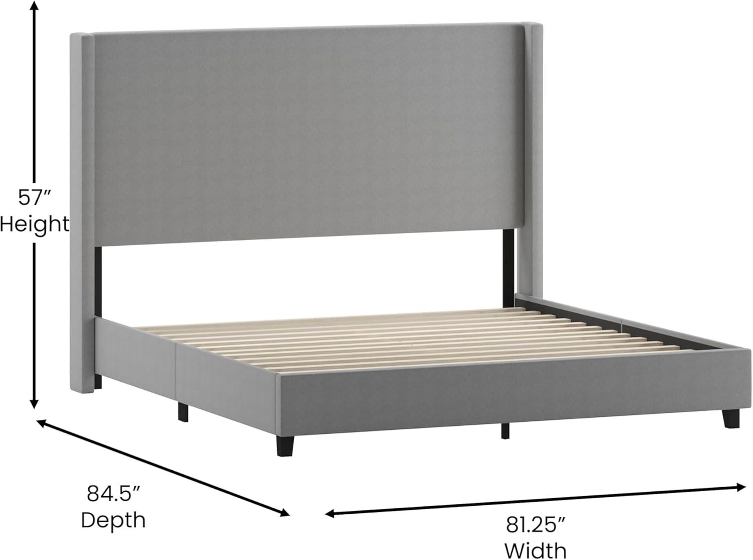 imageFlash Furniture Quinn Upholstered Platform Bed Beige Channel Stitched Wingback Headboard King Mattress Foundation with Slatted Supports No Box Spring NeededGrey